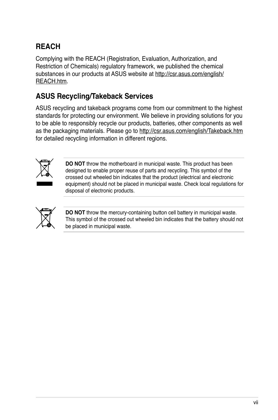 Reach, Asus recycling/takeback services | Asus ASMB6-iKVM User Manual | Page 7 / 114