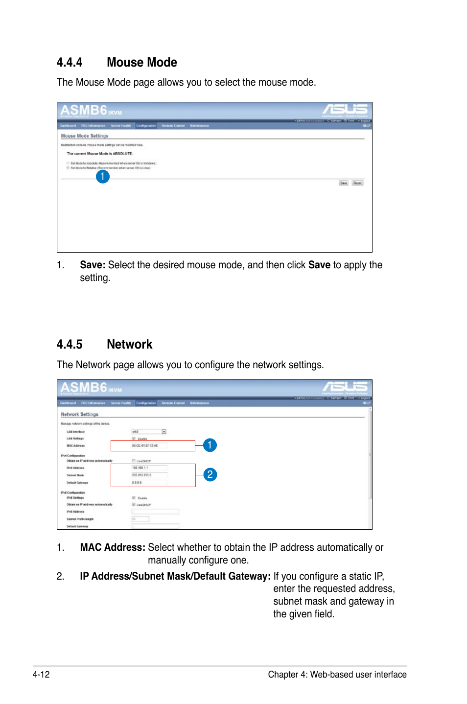 4 mouse mode, 5 network | Asus ASMB6-iKVM User Manual | Page 74 / 114