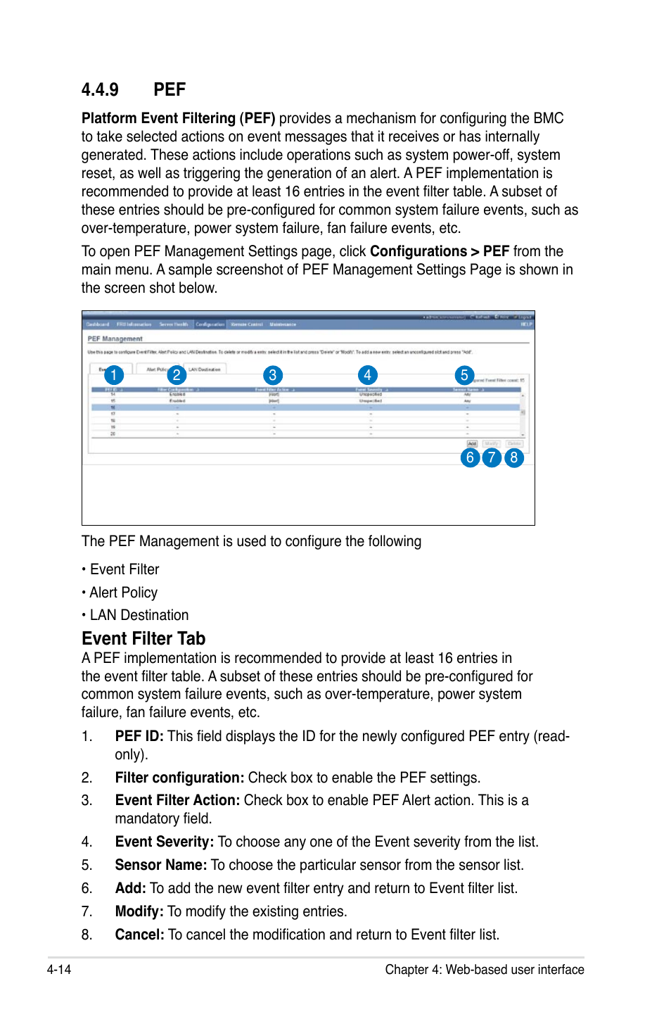 9 pef, Event filter tab | Asus ASMB6-iKVM User Manual | Page 76 / 114