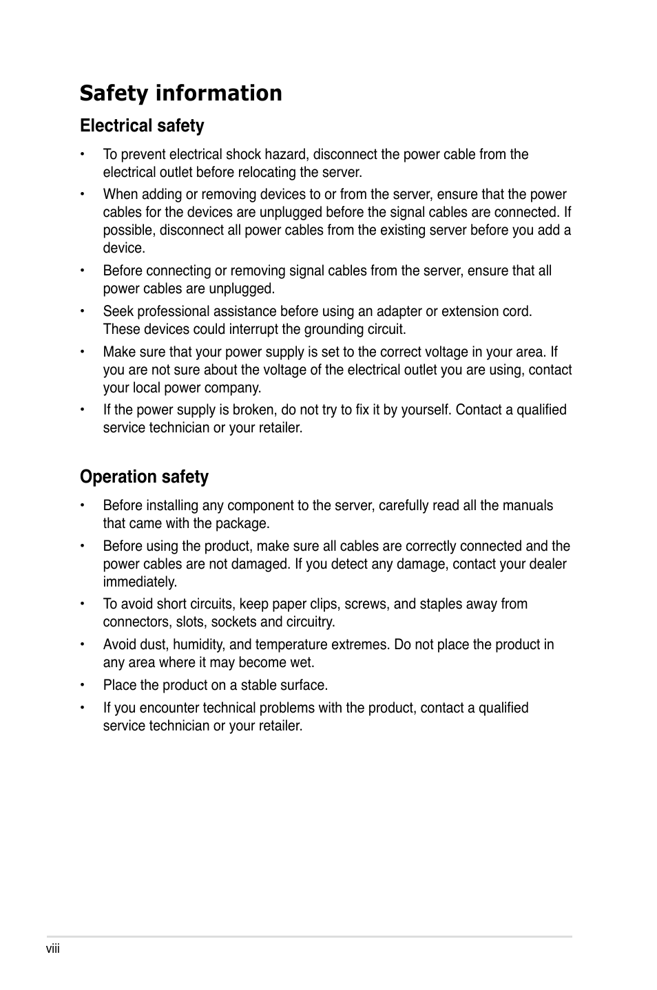 Safety information, Electrical safety, Operation safety | Asus ASMB6-iKVM User Manual | Page 8 / 114