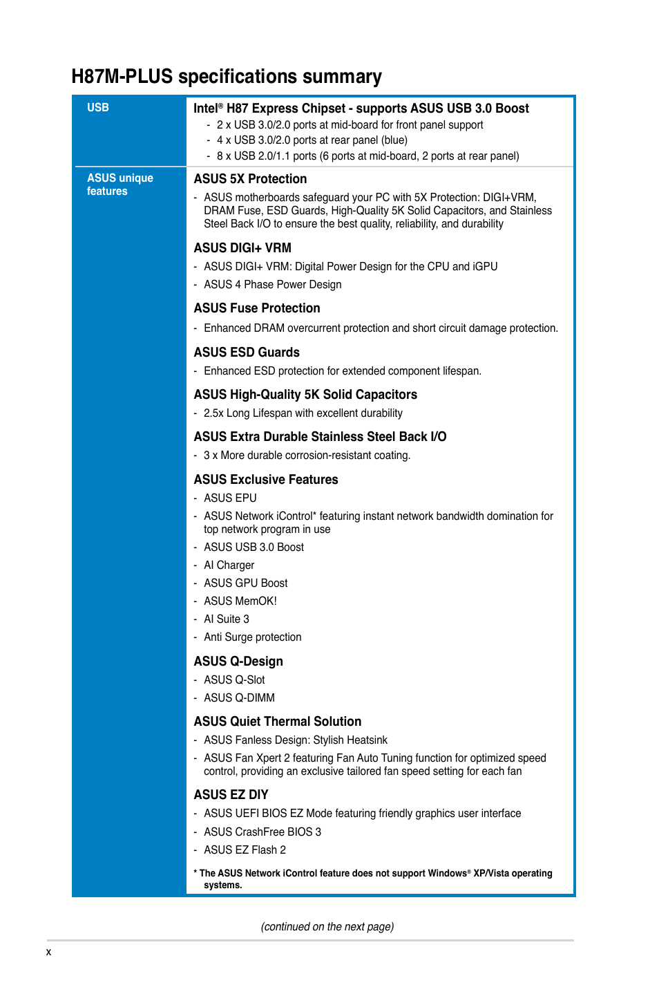 H87m-plus specifications summary | Asus H87M-PLUS User Manual | Page 10 / 132