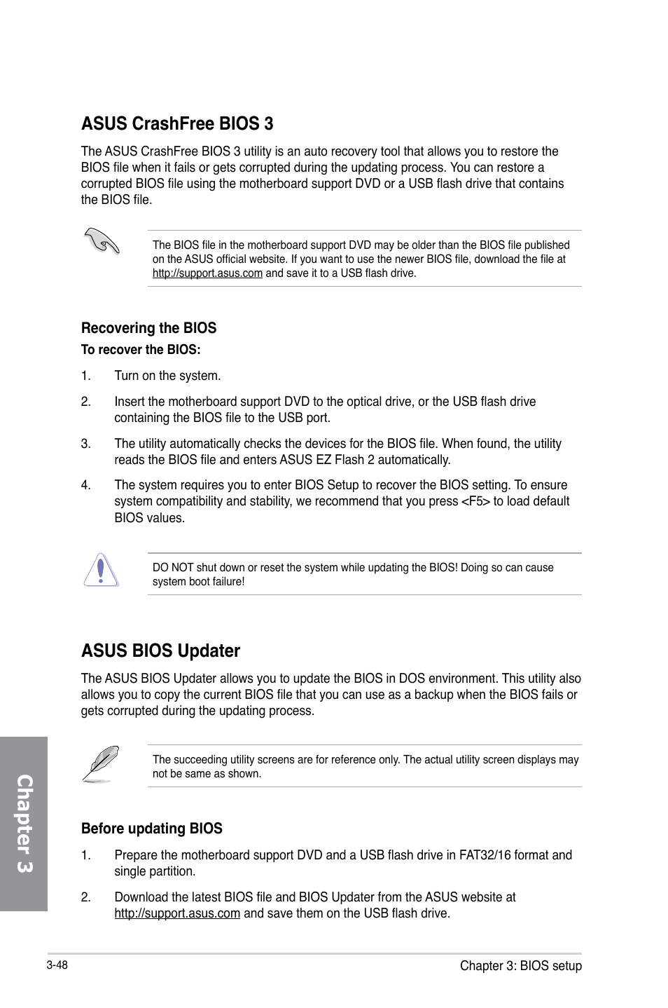 Chapter 3, Asus crashfree bios 3, Asus bios updater | Asus H87M-PLUS User Manual | Page 100 / 132