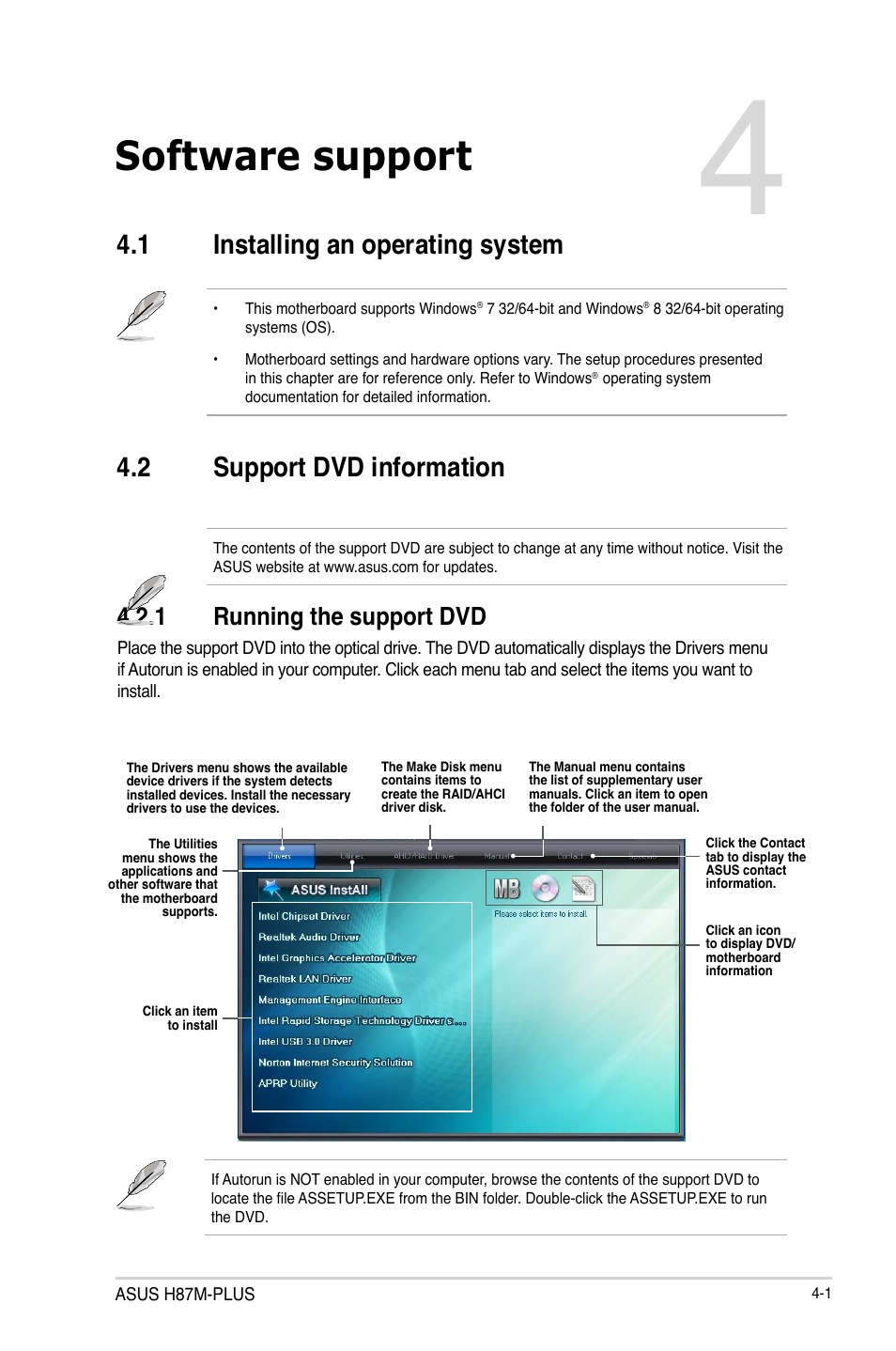 Software support, Chapter 4, 1 installing an operating system | 2 support dvd information, 1 running the support dvd | Asus H87M-PLUS User Manual | Page 103 / 132