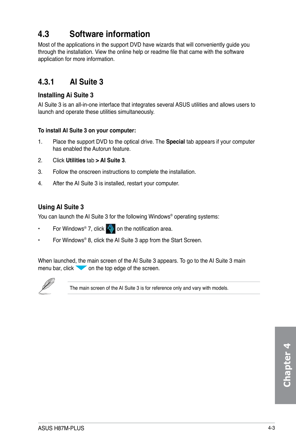 Chapter 4 4.3 software information, 1 ai suite 3 | Asus H87M-PLUS User Manual | Page 105 / 132