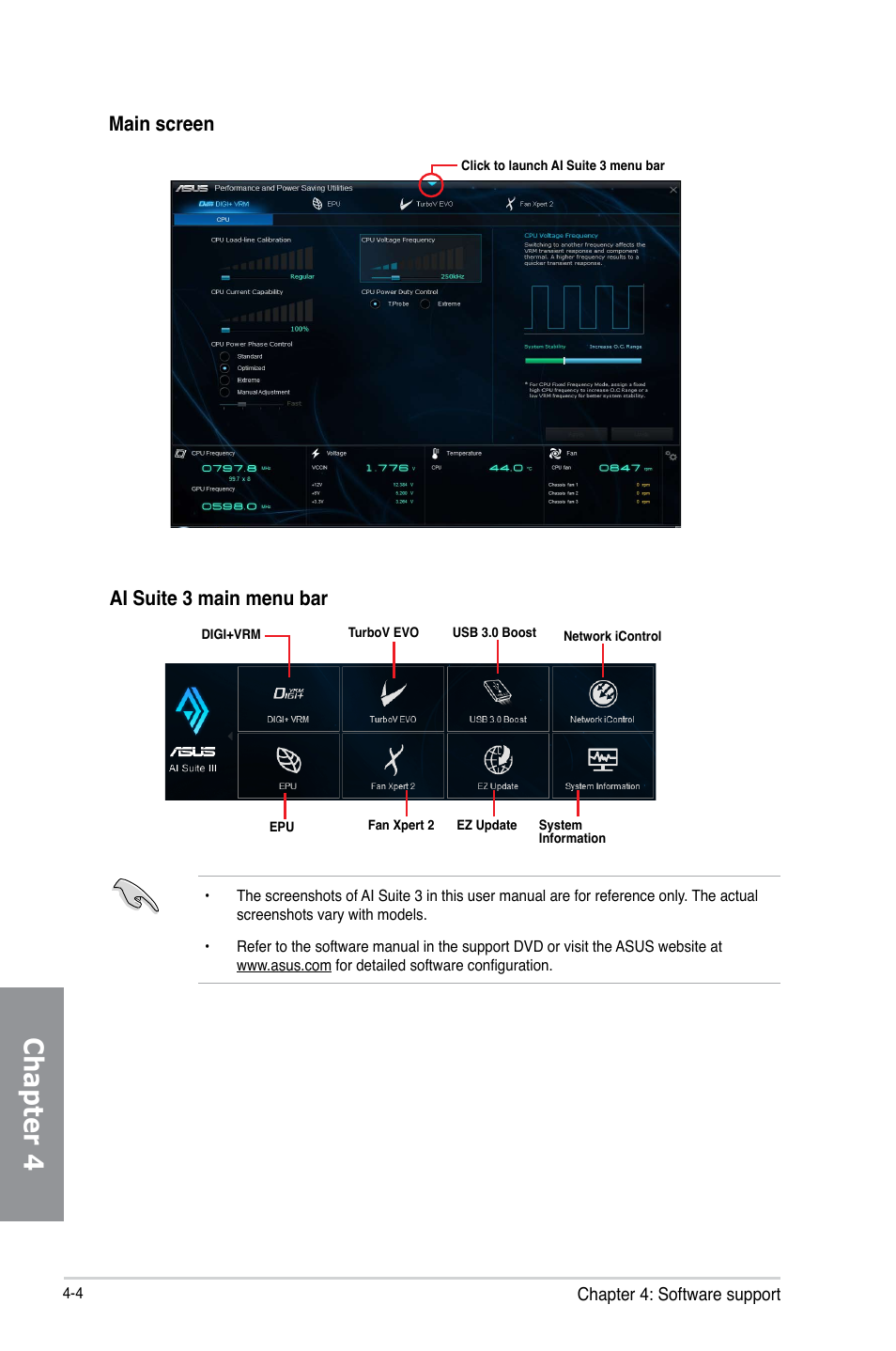Chapter 4, Main screen ai suite 3 main menu bar | Asus H87M-PLUS User Manual | Page 106 / 132