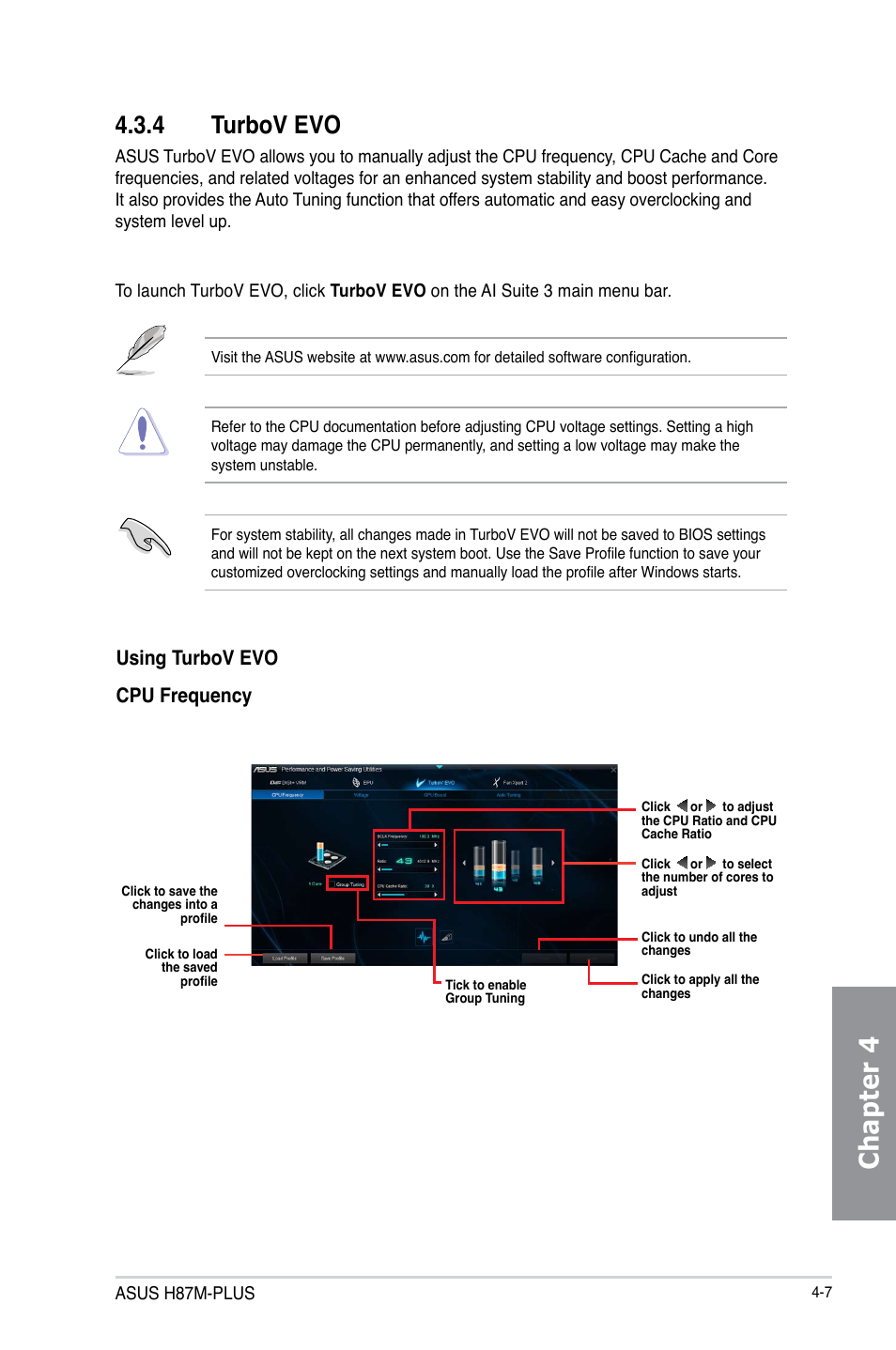 Chapter 4, 4 turbov evo, Using turbov evo cpu frequency | Asus H87M-PLUS User Manual | Page 109 / 132