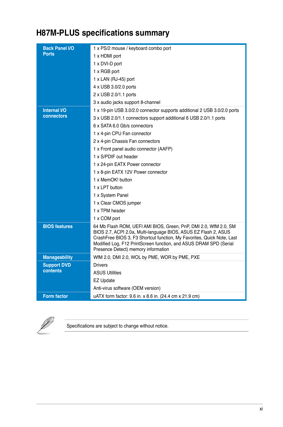 H87m-plus specifications summary | Asus H87M-PLUS User Manual | Page 11 / 132