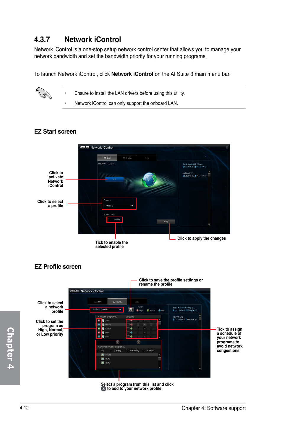 Chapter 4, 7 network icontrol, Ez profile screen | Ez start screen | Asus H87M-PLUS User Manual | Page 114 / 132