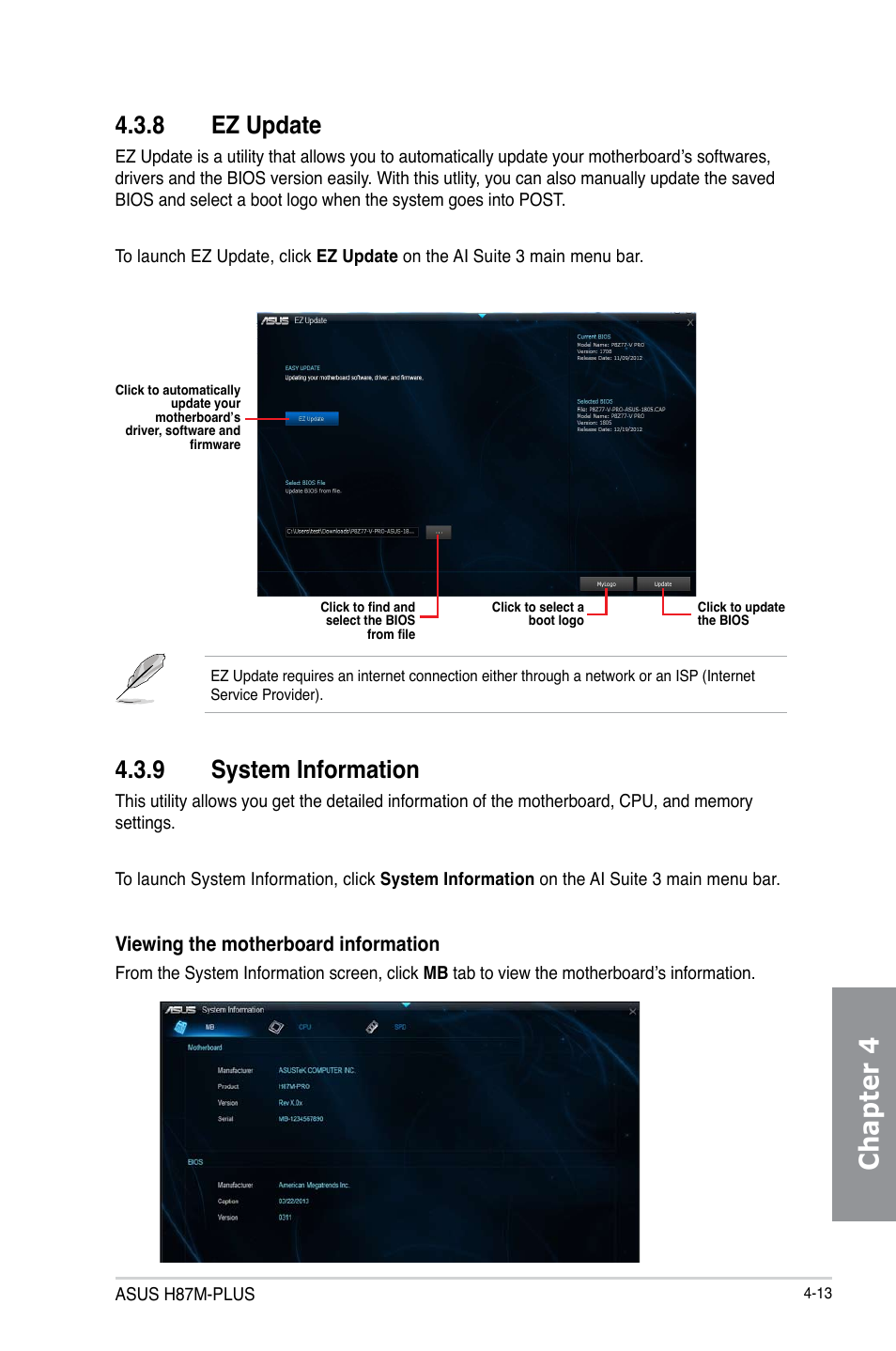 Chapter 4, 8 ez update, 9 system information | Asus H87M-PLUS User Manual | Page 115 / 132