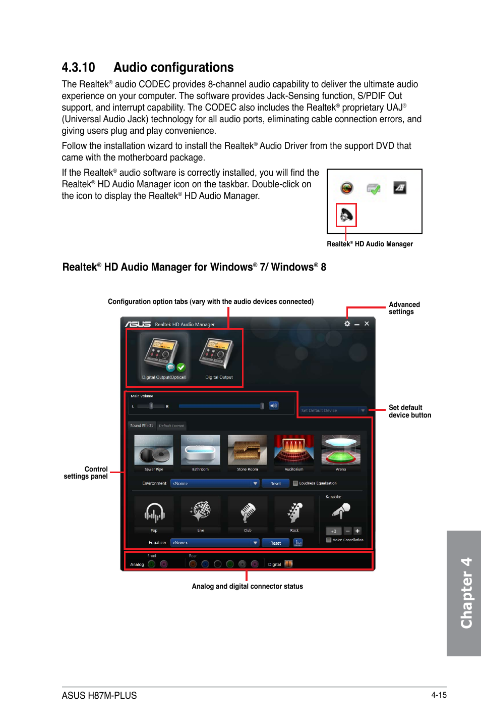 Chapter 4, 10 audio configurations, Realtek | Hd audio manager for windows, 7/ windows | Asus H87M-PLUS User Manual | Page 117 / 132