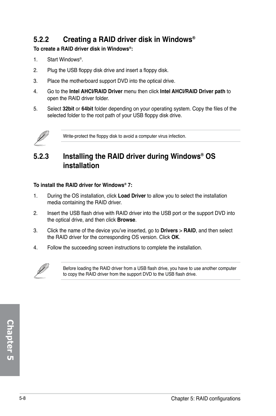 Chapter 5, 2 creating a raid driver disk in windows, 3 installing the raid driver during windows | Os installation | Asus H87M-PLUS User Manual | Page 126 / 132