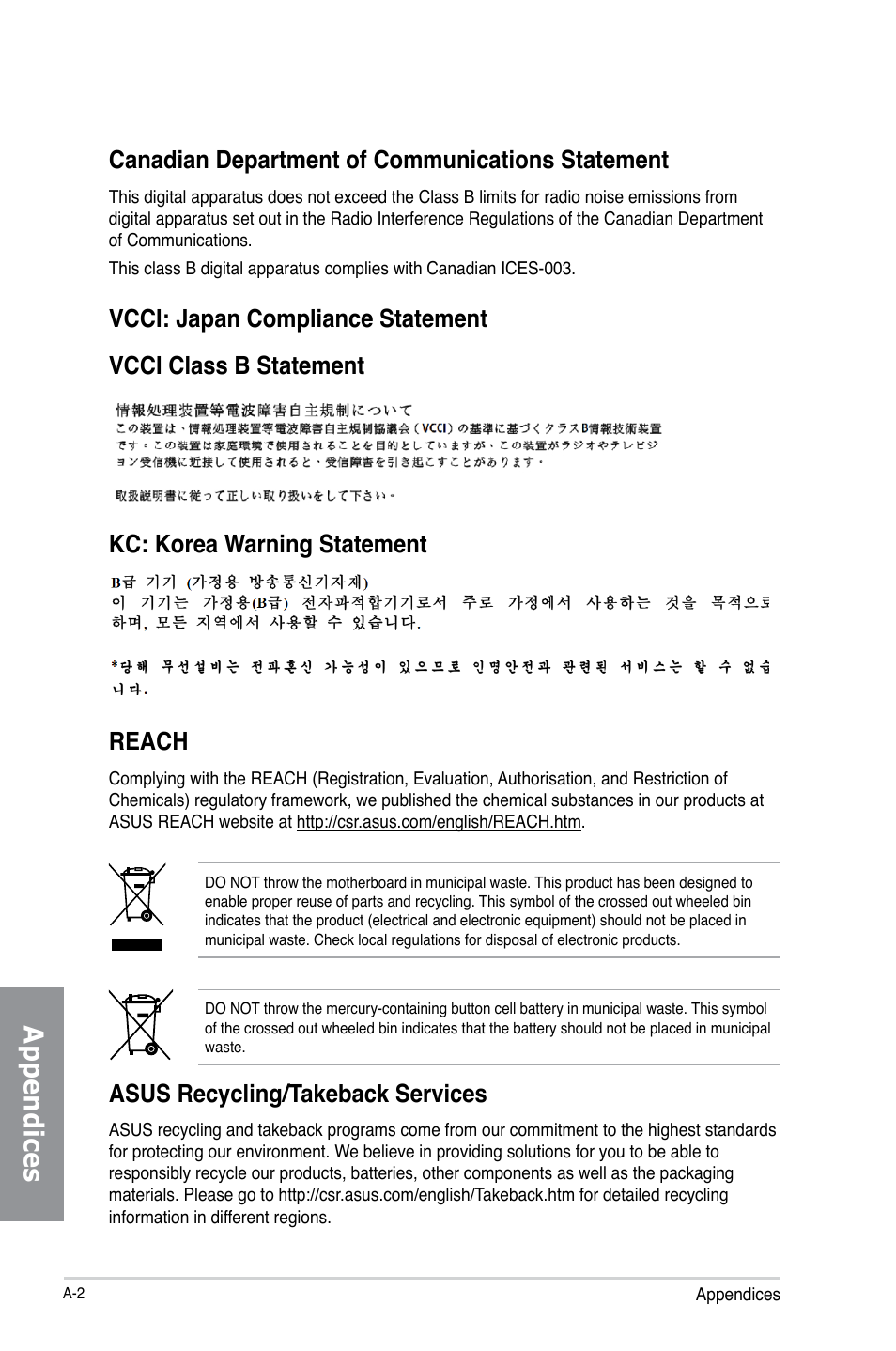 Appendices, Canadian department of communications statement, Asus recycling/takeback services | Asus H87M-PLUS User Manual | Page 128 / 132