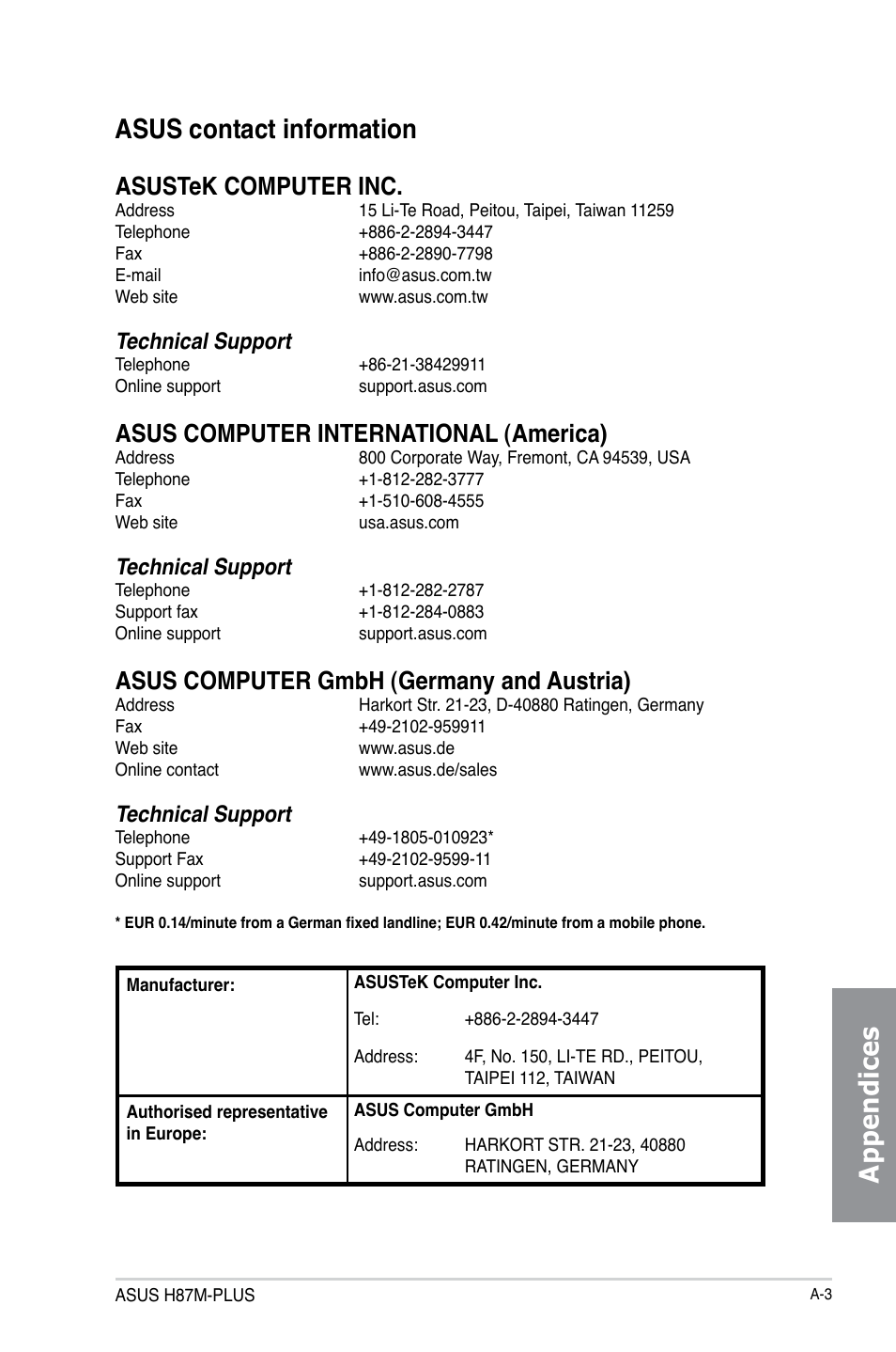 Appendices asus contact information, Asustek computer inc, Asus computer international (america) | Asus computer gmbh (germany and austria), Technical support | Asus H87M-PLUS User Manual | Page 129 / 132