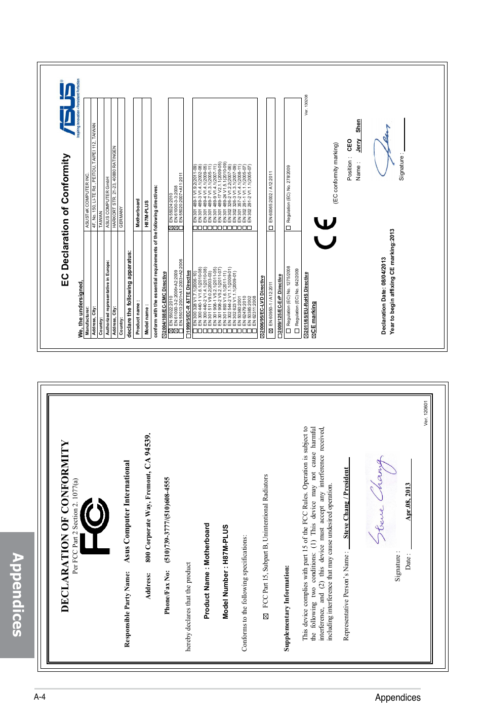 Declaration of conformity, Appendices, Ec declaration of conformity | Asu s c om pu te r in te rn at io na l | Asus H87M-PLUS User Manual | Page 130 / 132