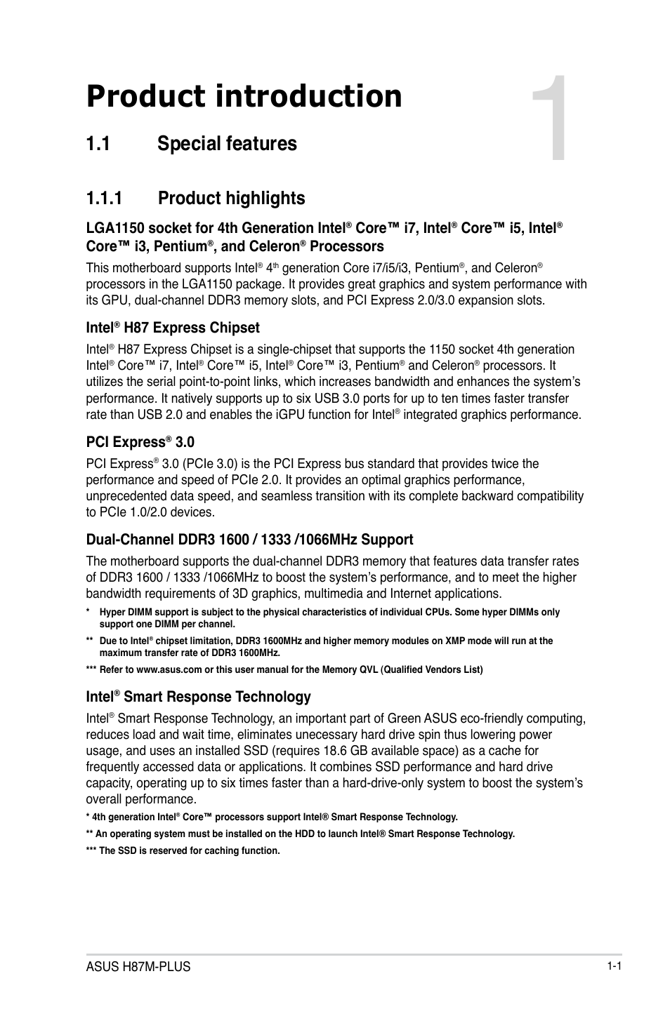 Product introduction, Chapter 1, 1 special features | 1 product highlights | Asus H87M-PLUS User Manual | Page 15 / 132