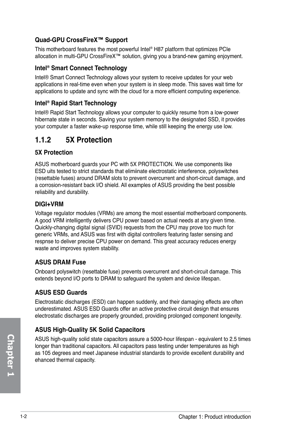 Chapter 1, 2 5x protection | Asus H87M-PLUS User Manual | Page 16 / 132