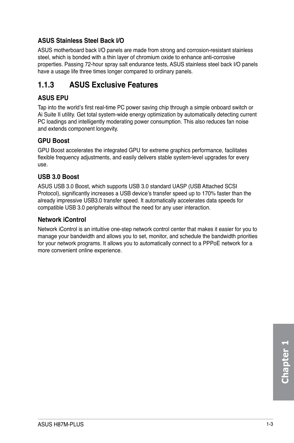 Chapter 1, 3 asus exclusive features | Asus H87M-PLUS User Manual | Page 17 / 132