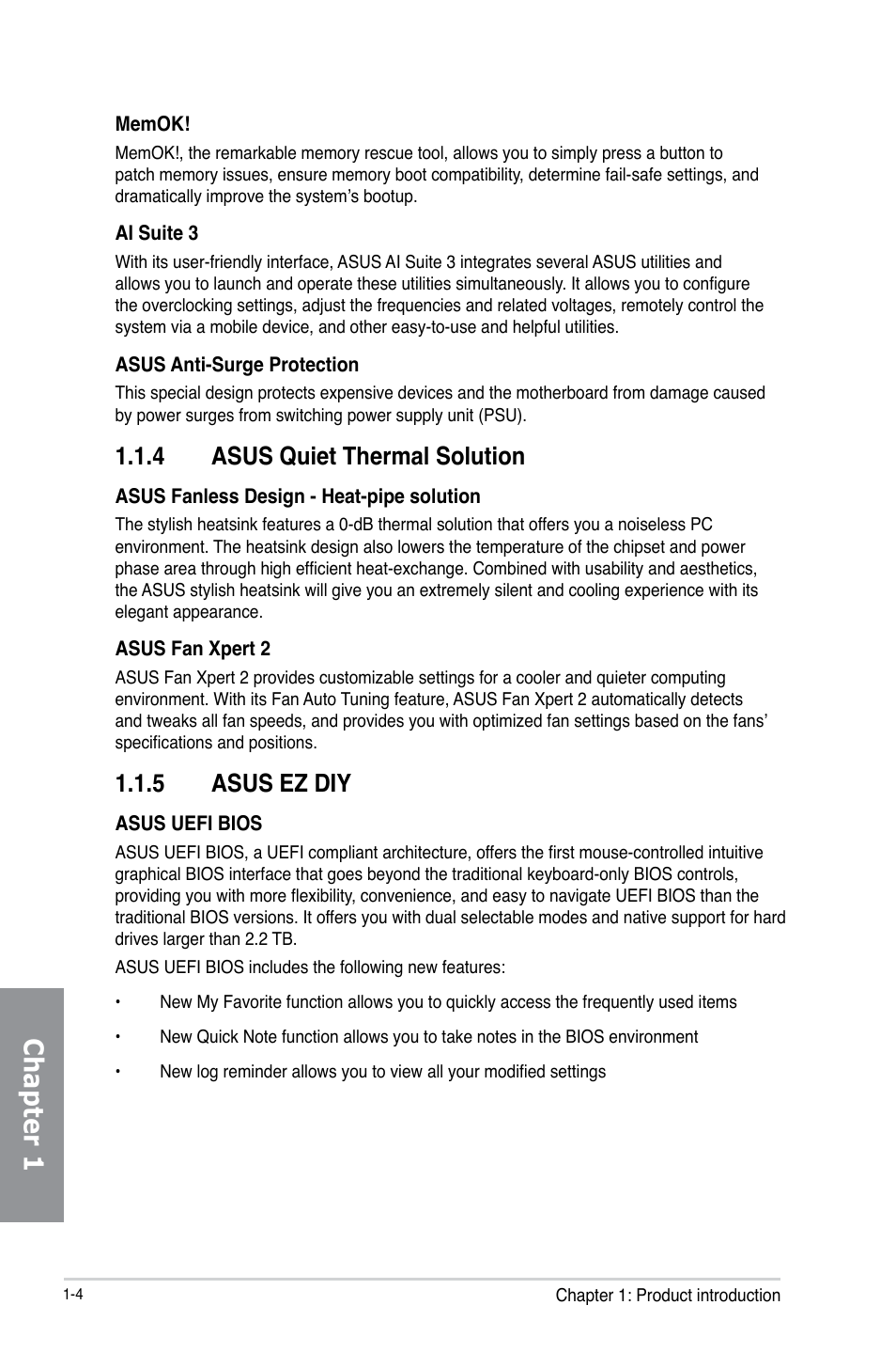 Chapter 1, 4 asus quiet thermal solution, 5 asus ez diy | Asus H87M-PLUS User Manual | Page 18 / 132