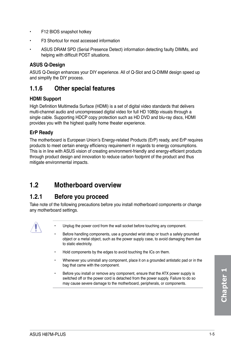 Chapter 1, 2 motherboard overview, 6 other special features | 1 before you proceed | Asus H87M-PLUS User Manual | Page 19 / 132