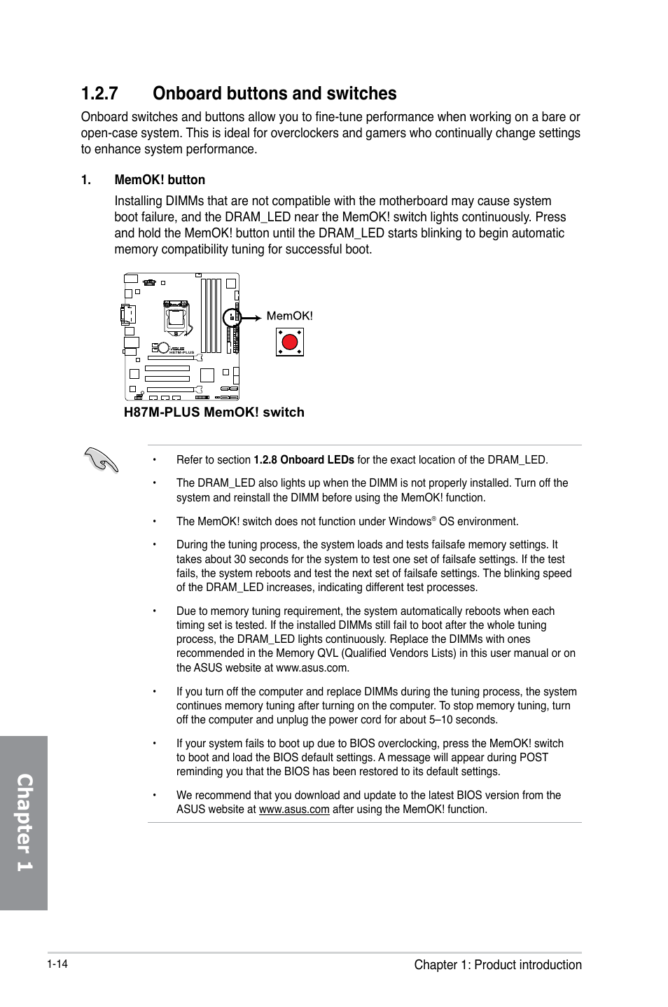 Chapter 1, 7 onboard buttons and switches | Asus H87M-PLUS User Manual | Page 28 / 132