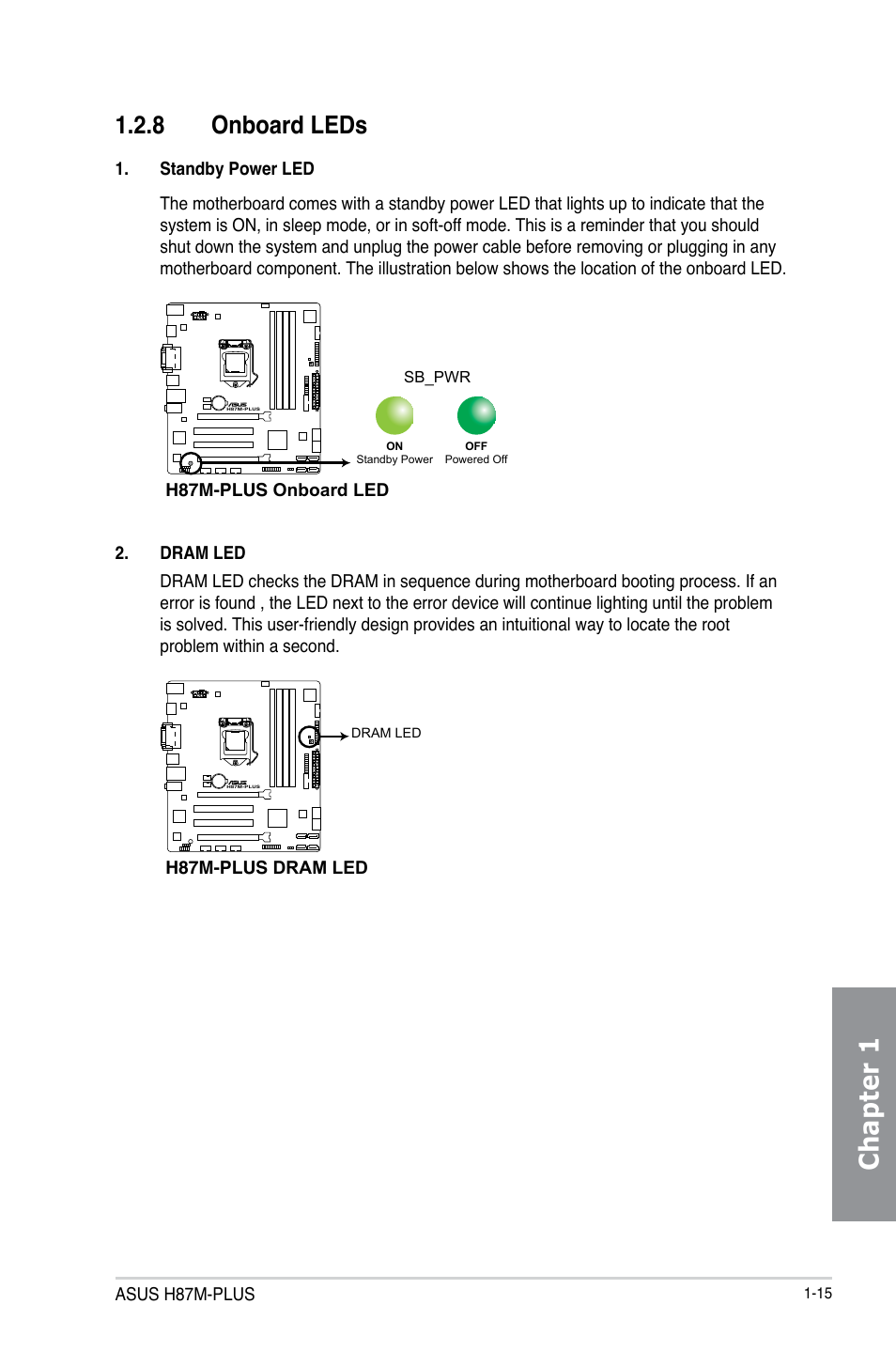 Chapter 1, 8 onboard leds | Asus H87M-PLUS User Manual | Page 29 / 132