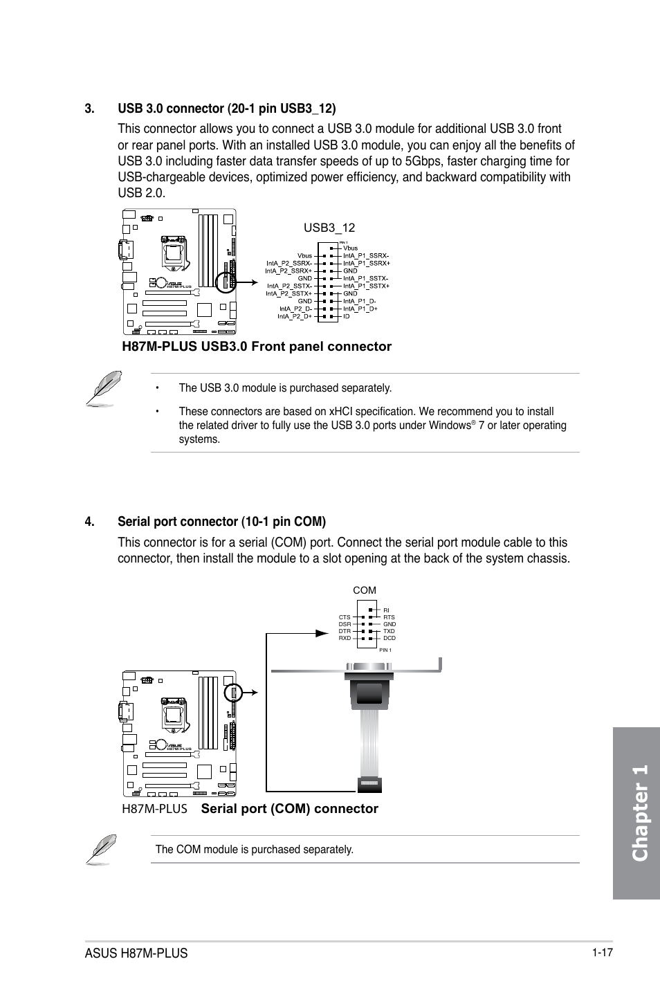 Chapter 1, Asus h87m-plus, H87m-plus usb3.0 front panel connector | H87m-plus serial port (com) connector | Asus H87M-PLUS User Manual | Page 31 / 132