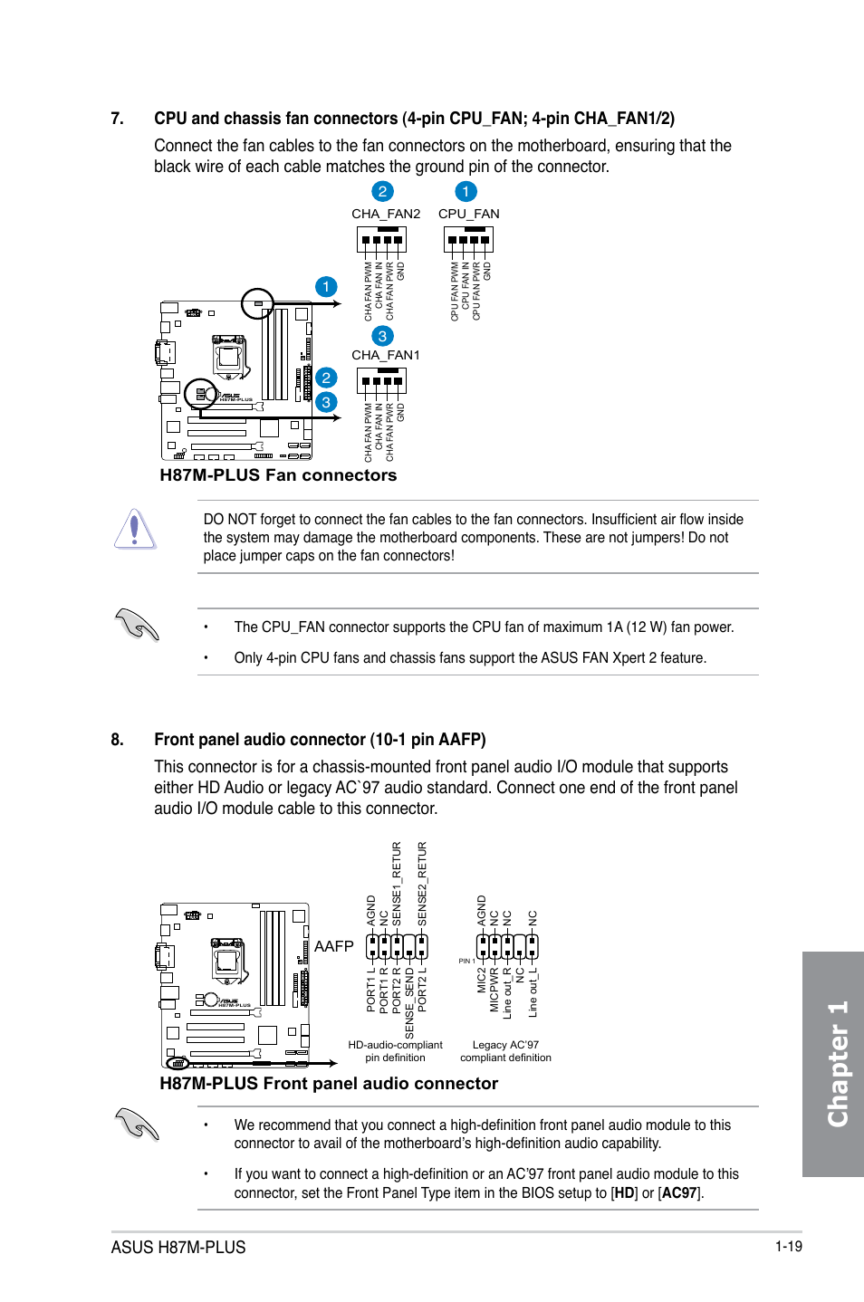 Chapter 1, Asus h87m-plus, H87m-plus front panel audio connector | H87m-plus fan connectors | Asus H87M-PLUS User Manual | Page 33 / 132