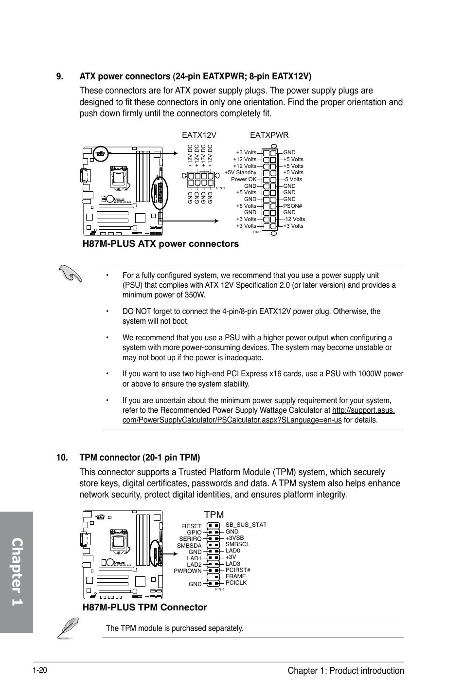 Chapter 1, Chapter 1: product introduction, H87m-plus atx power connectors | H87m-plus tpm connector | Asus H87M-PLUS User Manual | Page 34 / 132