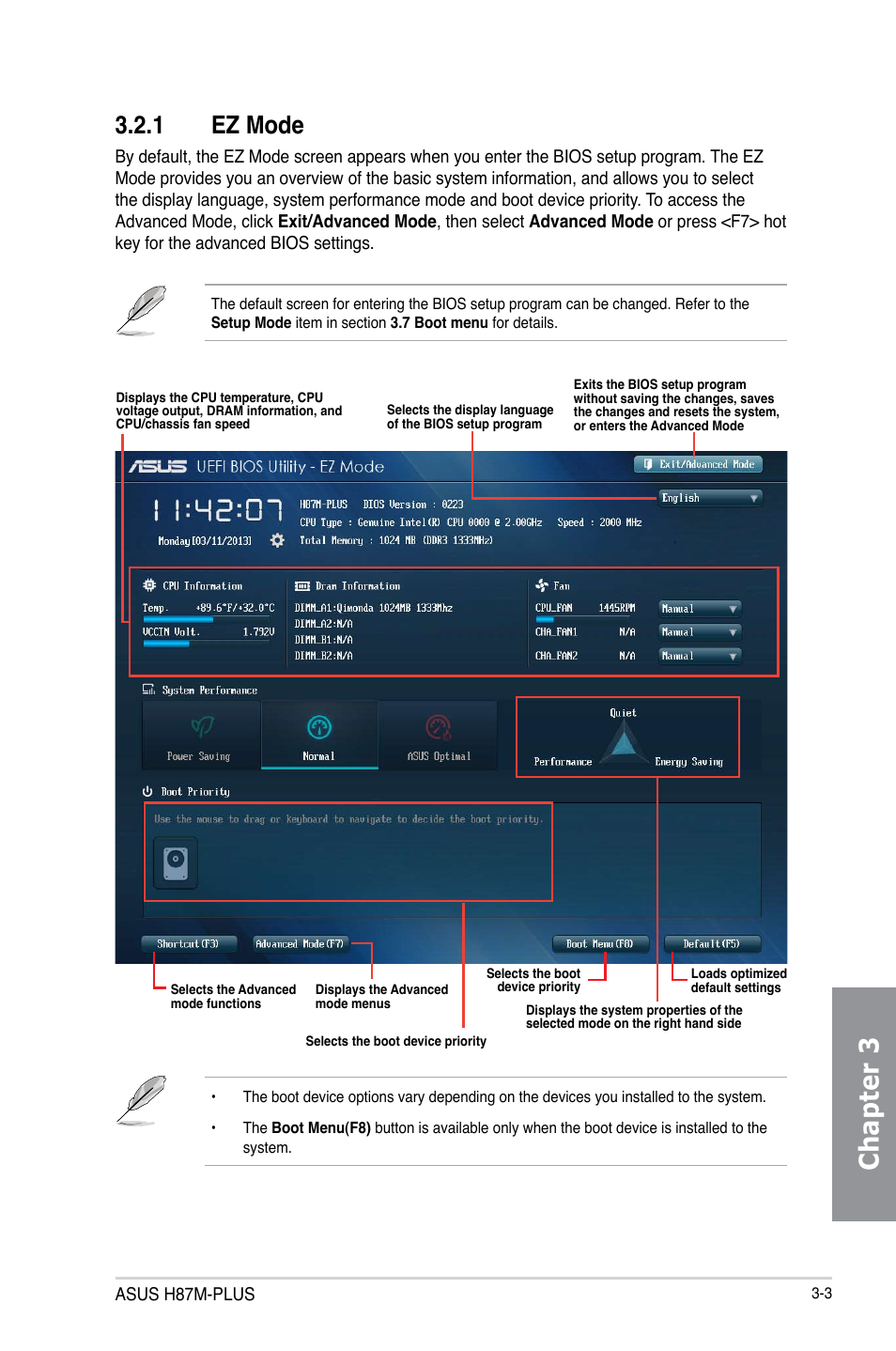 Chapter 3, 1 ez mode | Asus H87M-PLUS User Manual | Page 55 / 132