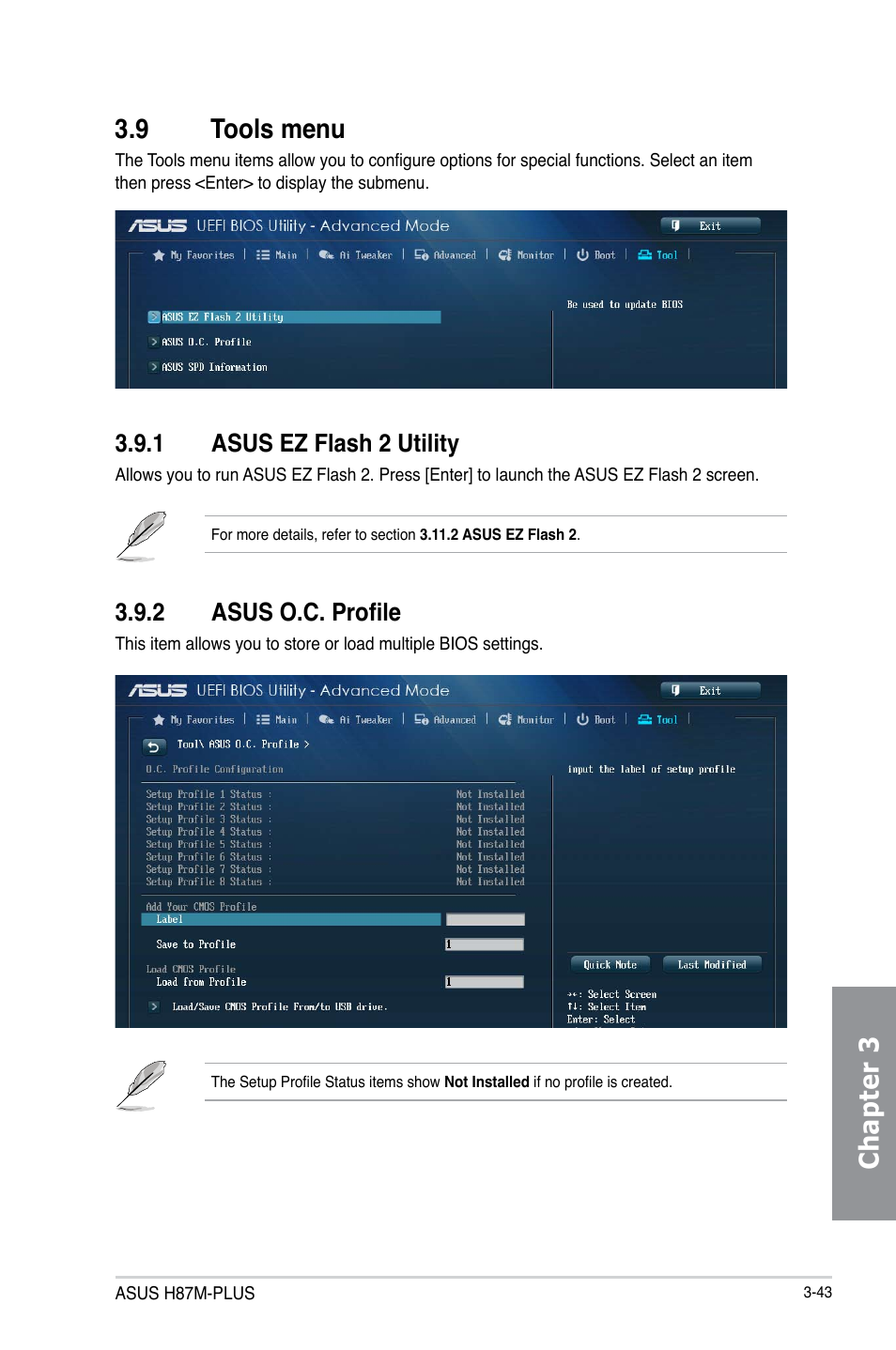 Chapter 3 3.9 tools menu, 1 asus ez flash 2 utility, 2 asus o.c. profile | Asus H87M-PLUS User Manual | Page 95 / 132