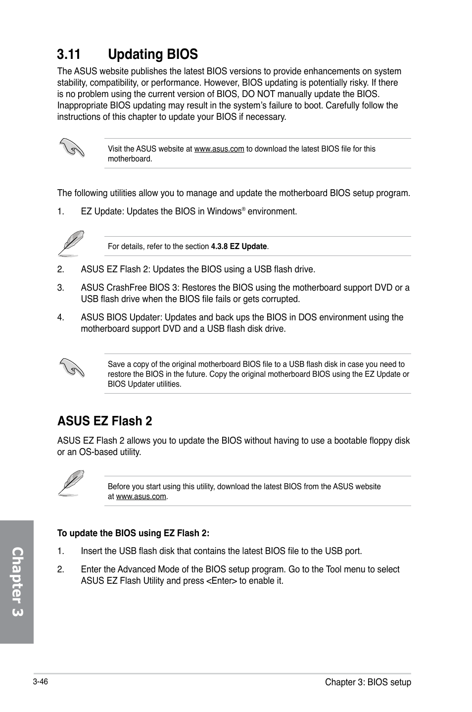 Chapter 3 3.11 updating bios, Asus ez flash 2 | Asus H87M-PLUS User Manual | Page 98 / 132