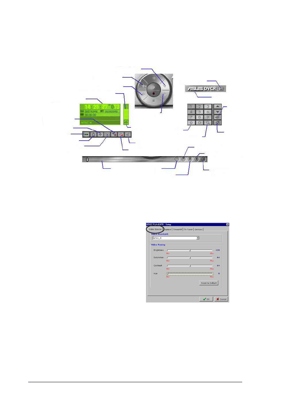 2 setting your video source, 1 asus digital vcr panel | Asus V9999 Series User Manual | Page 38 / 56