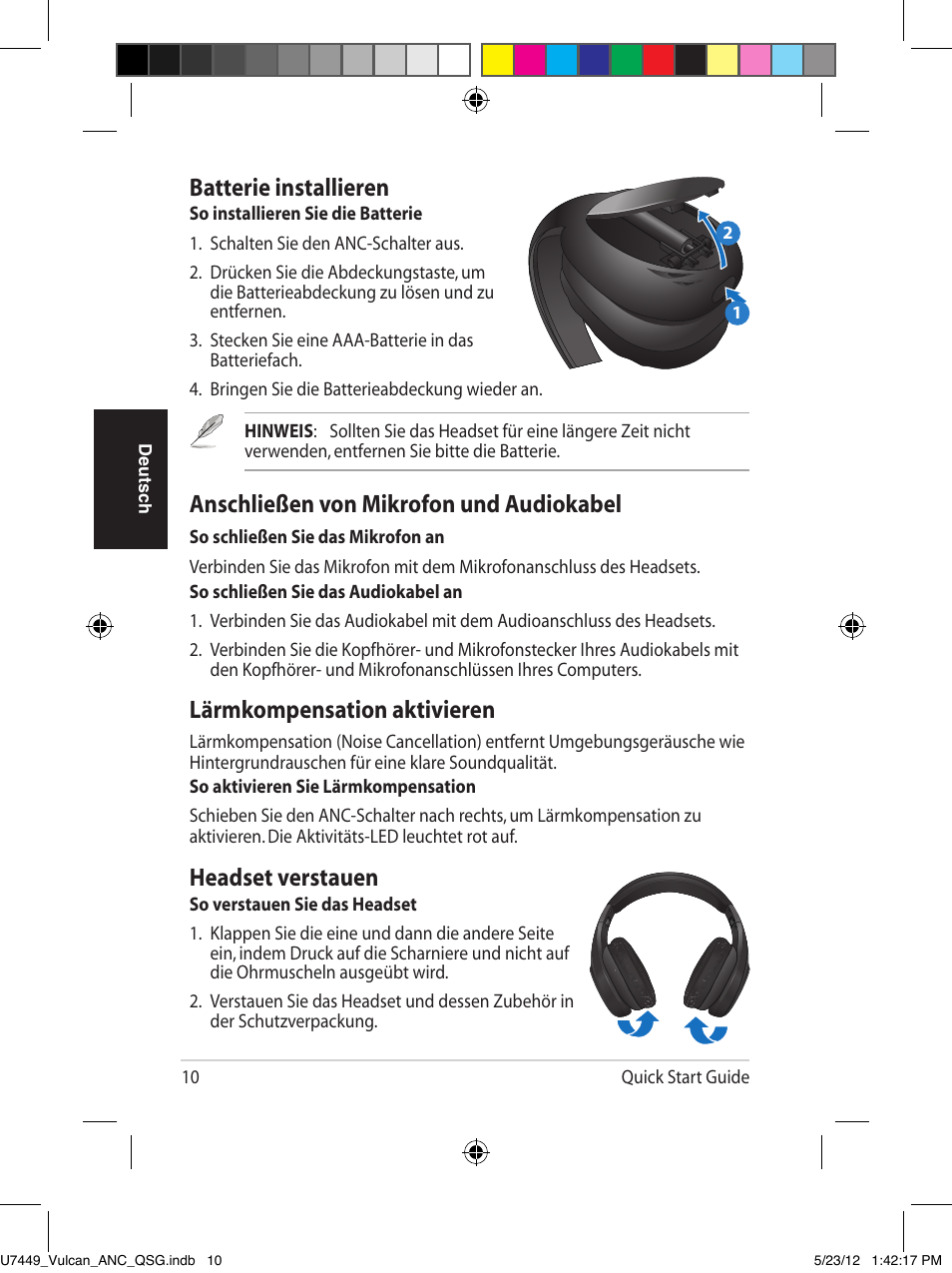 Batterie installieren, Anschließen von mikrofon und audiokabel, Lärmkompensation aktivieren | Headset verstauen | Asus Vulcan ANC User Manual | Page 10 / 64