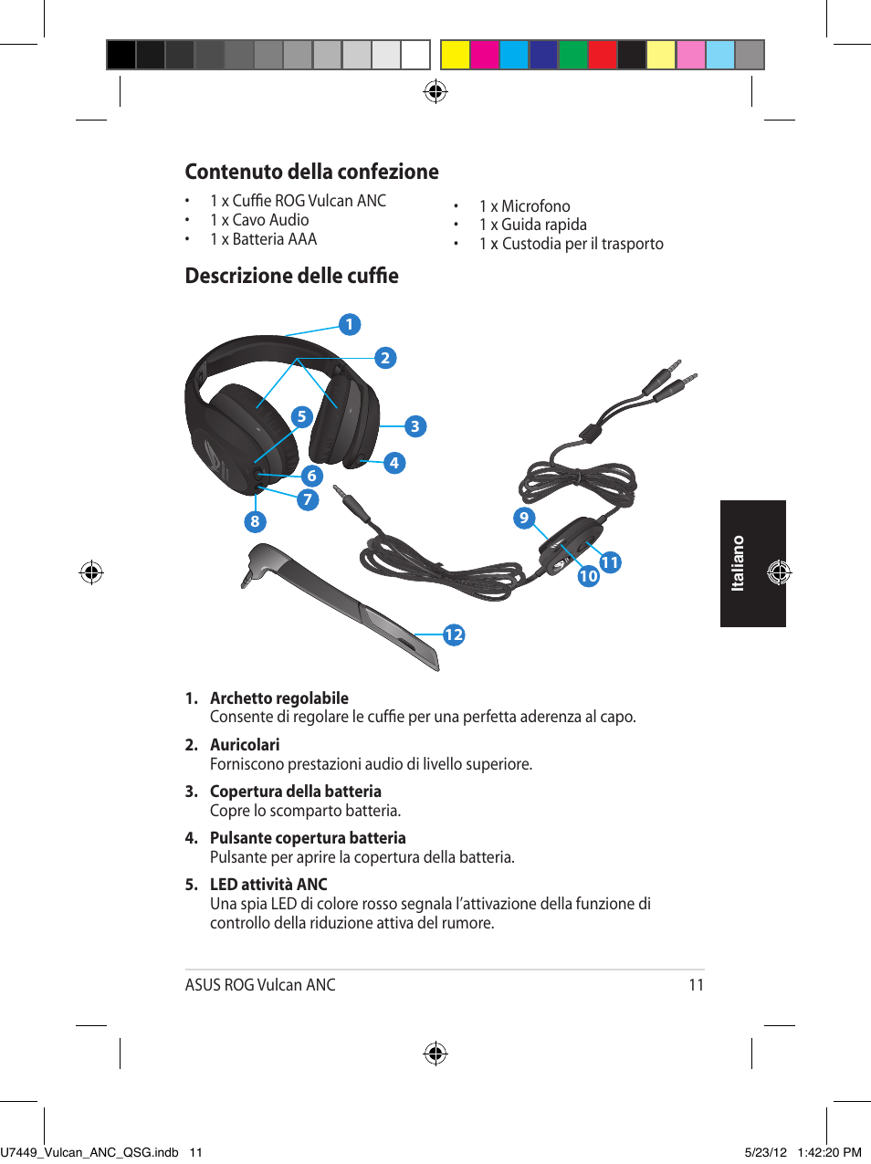 Contenuto della confezione, Descrizione delle cuffie | Asus Vulcan ANC User Manual | Page 11 / 64