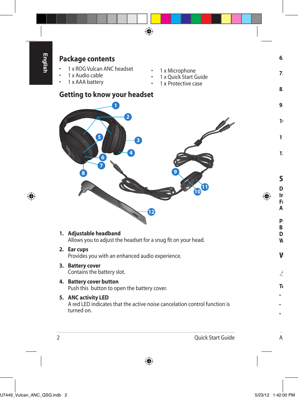 Package contents, Getting to know your headset, Wearing your headset | Specification summary | Asus Vulcan ANC User Manual | Page 2 / 64