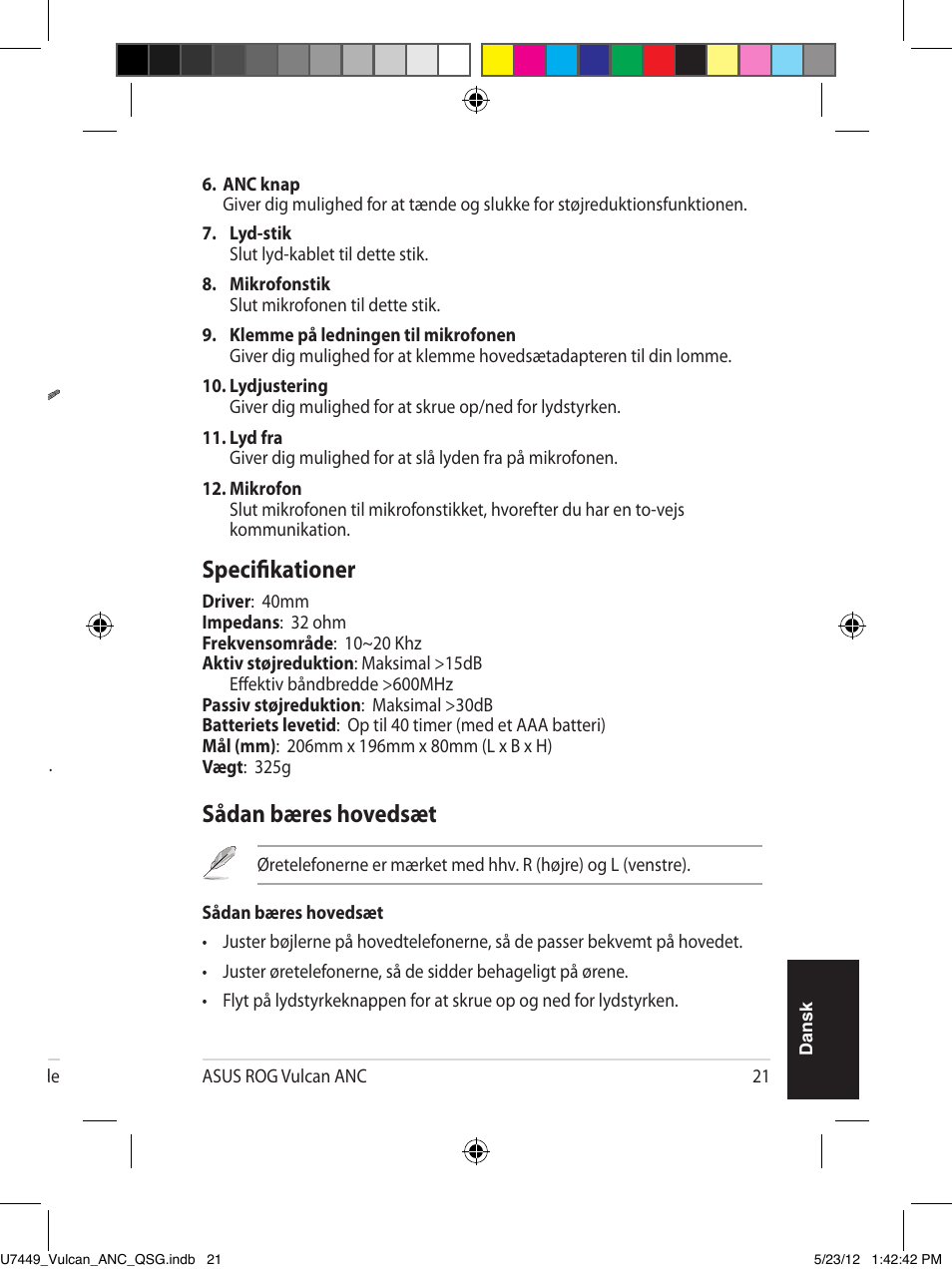 Bliv bekendt med hovedsæt, Sådan bæres hovedsæt, Specifikationer | Asus Vulcan ANC User Manual | Page 21 / 64