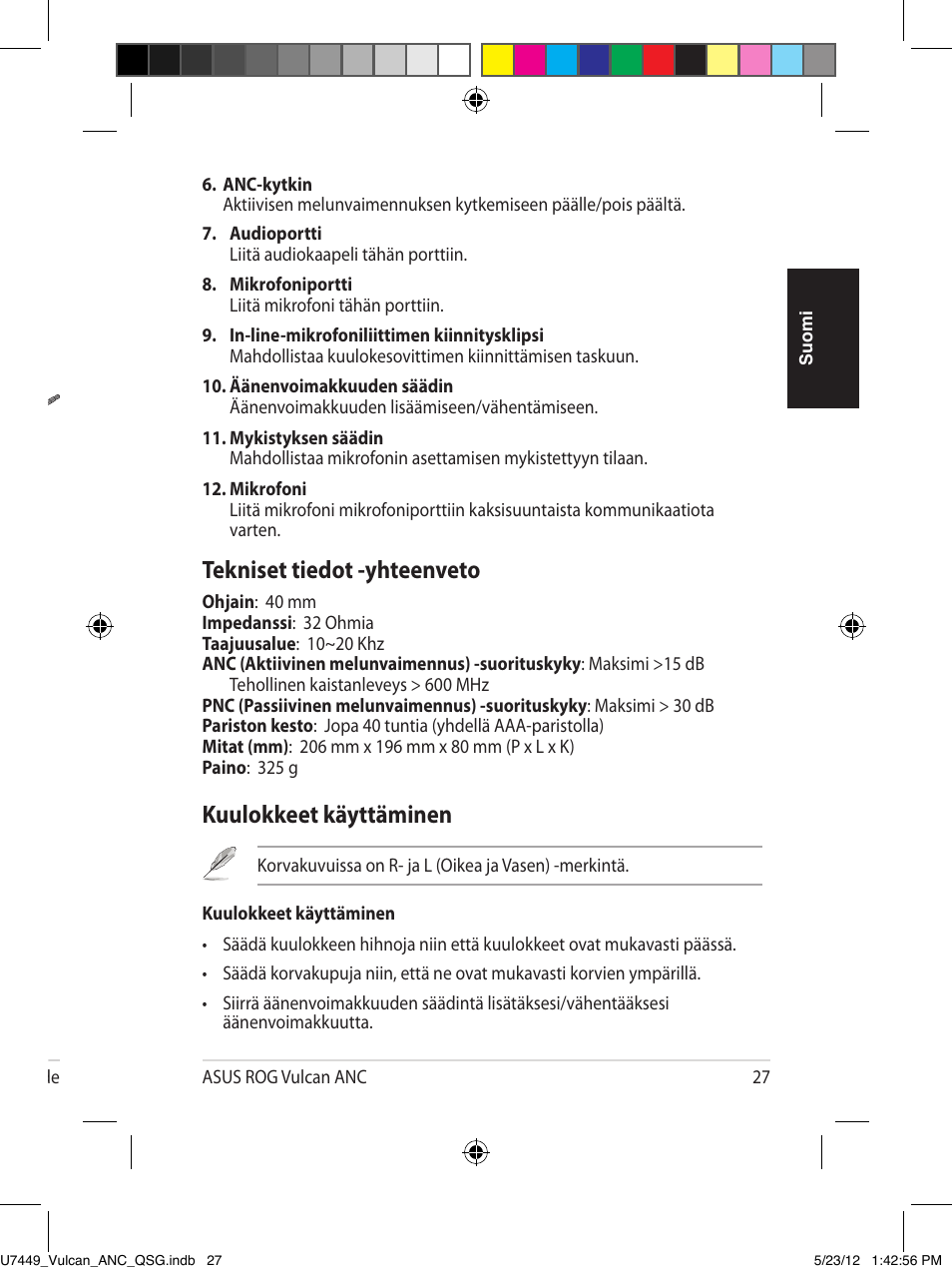 Kuulokkeet esittely, Kuulokkeet käyttäminen, Tekniset tiedot -yhteenveto | Asus Vulcan ANC User Manual | Page 27 / 64