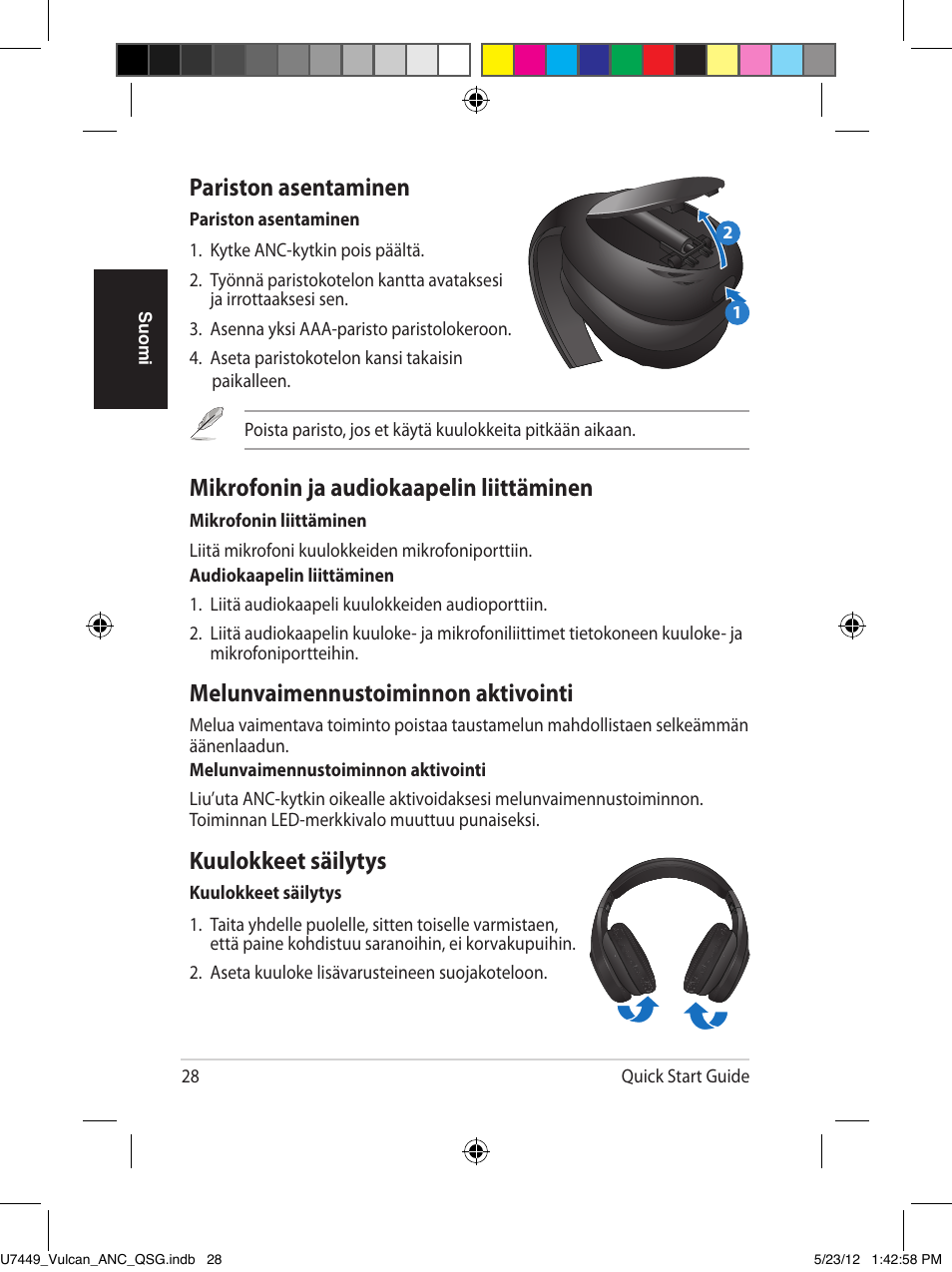 Pariston asentaminen, Mikrofonin ja audiokaapelin liittäminen, Melunvaimennustoiminnon aktivointi | Kuulokkeet säilytys | Asus Vulcan ANC User Manual | Page 28 / 64