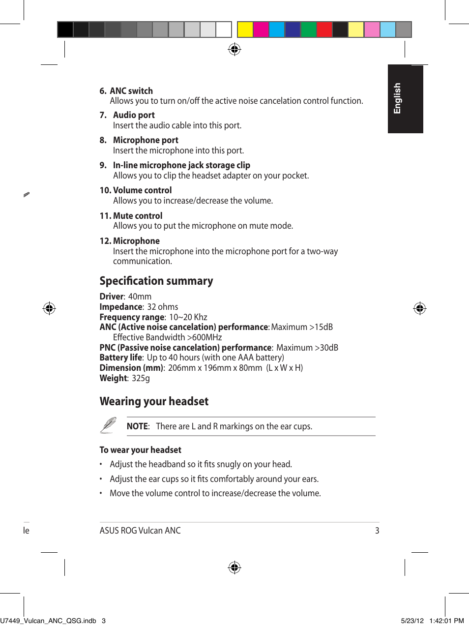 Getting to know your headset, Wearing your headset, Specification summary | Asus Vulcan ANC User Manual | Page 3 / 64