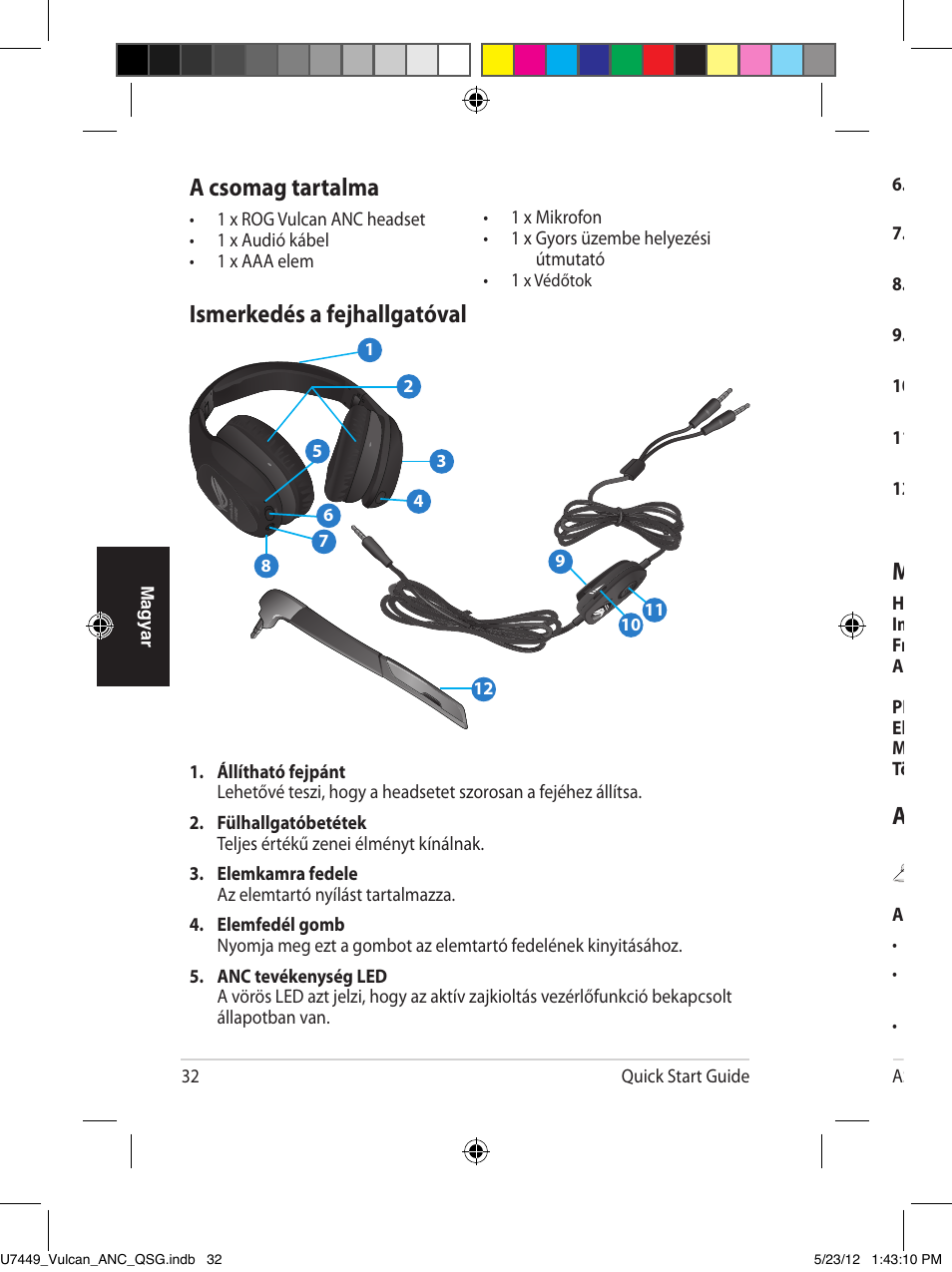 Ismerkedés a fejhallgatóval, A csomag tartalma, A fejhallgató viselése | Műszaki adatok összefoglalása | Asus Vulcan ANC User Manual | Page 32 / 64