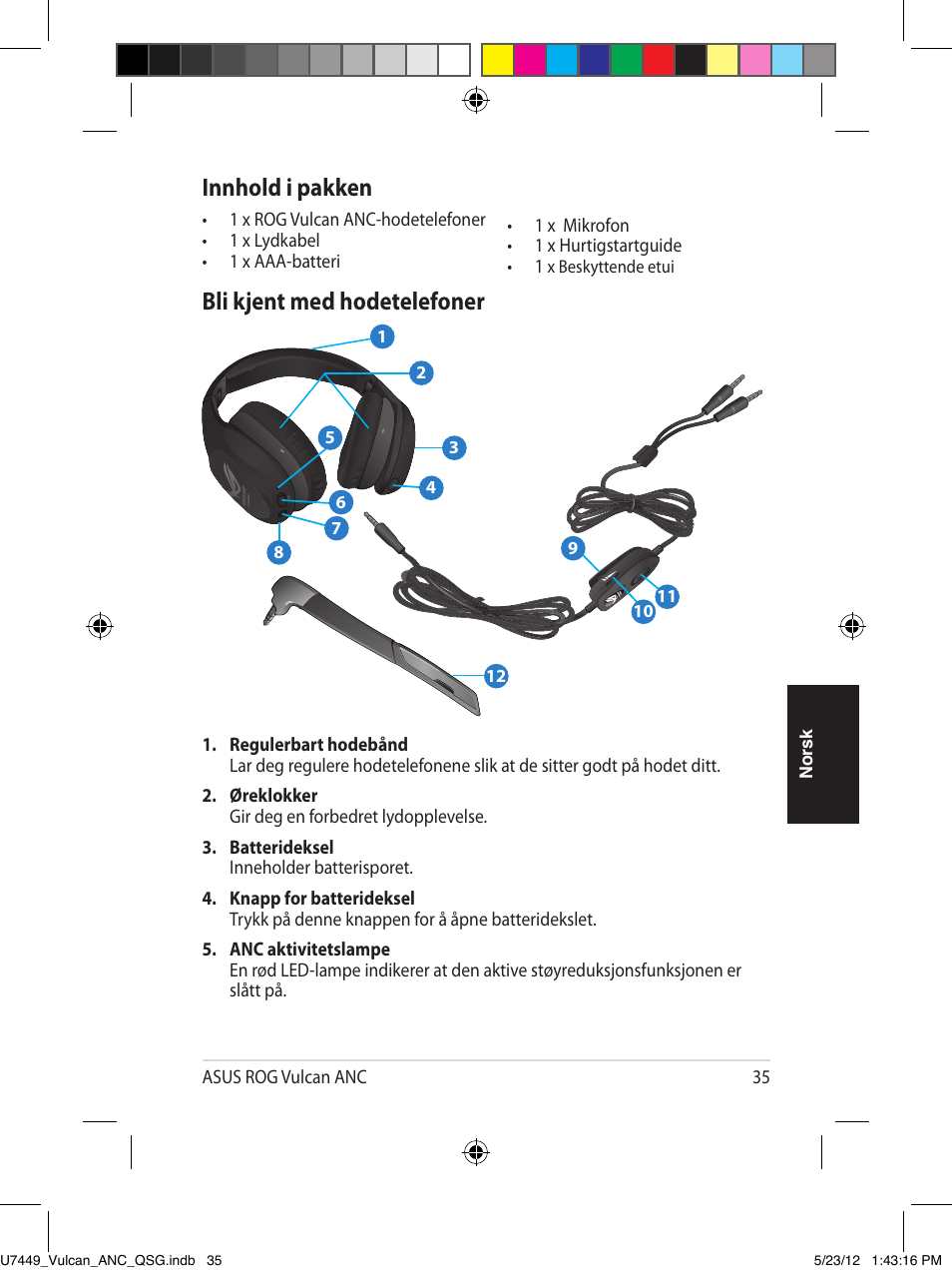 Bli kjent med hodetelefoner, Innhold i pakken | Asus Vulcan ANC User Manual | Page 35 / 64