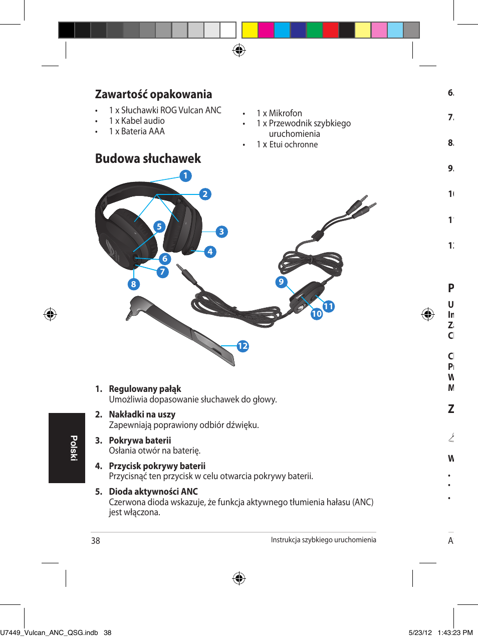 Budowa słuchawek, Zawartość opakowania, Zakładanie słuchawek | Podstawowe dane techniczne, Po lsk i | Asus Vulcan ANC User Manual | Page 38 / 64