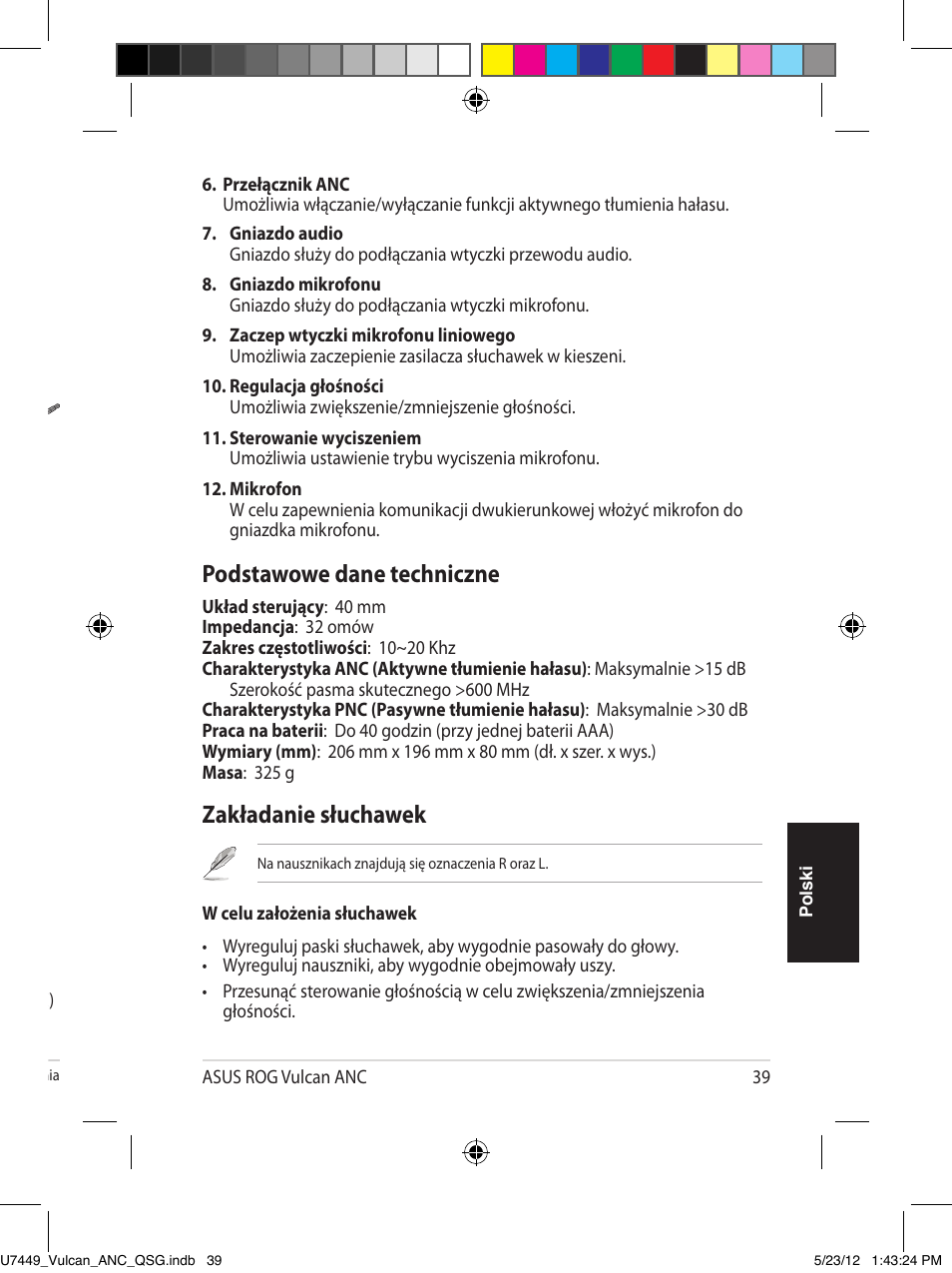 Budowa słuchawek, Zakładanie słuchawek, Podstawowe dane techniczne | Po ls ki | Asus Vulcan ANC User Manual | Page 39 / 64