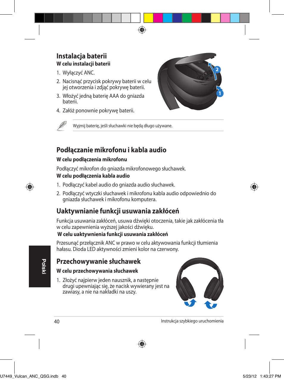Instalacja baterii, Podłączanie mikrofonu i kabla audio, Uaktywnianie funkcji usuwania zakłóceń | Przechowywanie słuchawek, Po lsk i | Asus Vulcan ANC User Manual | Page 40 / 64