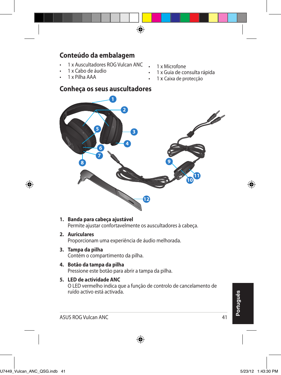 Conheça os seus auscultadores, Conteúdo da embalagem, Po rtu gu ês | Asus Vulcan ANC User Manual | Page 41 / 64
