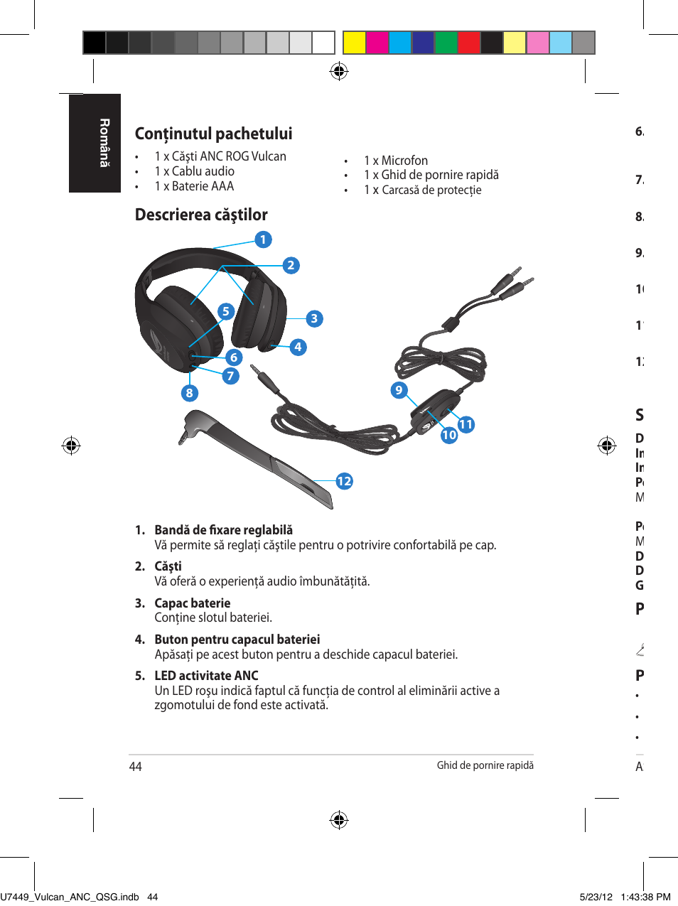 Descrierea căştilor, Conţinutul pachetului, Purtarea căştilor | Specificatii, Pentru a purta căştile | Asus Vulcan ANC User Manual | Page 44 / 64