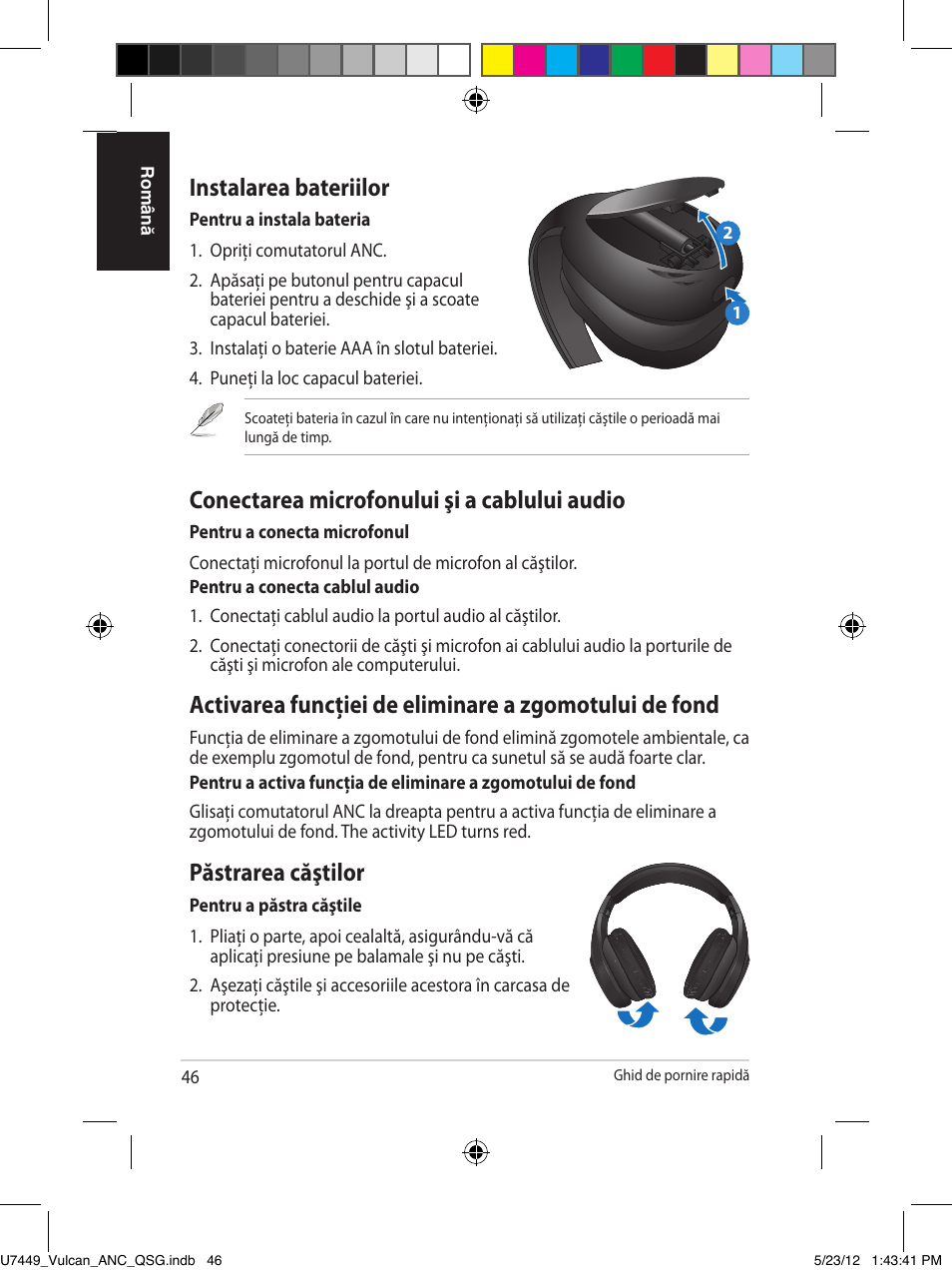 Instalarea bateriilor, Conectarea microfonului şi a cablului audio, Păstrarea căştilor | Asus Vulcan ANC User Manual | Page 46 / 64