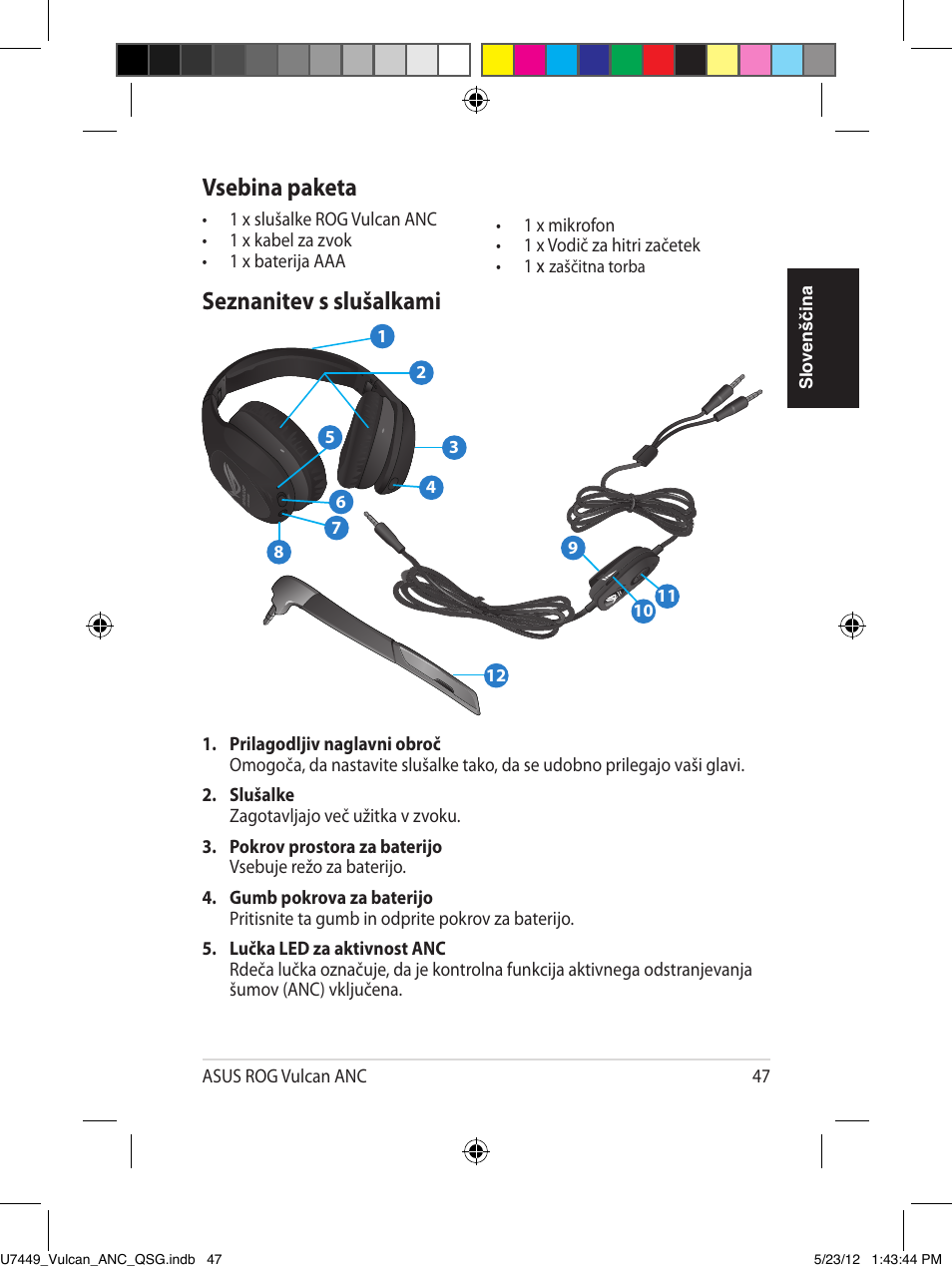 Seznanitev s slušalkami, Vsebina paketa | Asus Vulcan ANC User Manual | Page 47 / 64
