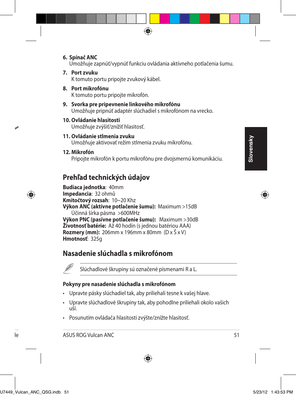 Zoznámenie sa slúchadla s mikrofónom, Nasadenie slúchadla s mikrofónom, Prehľad technických údajov | Asus Vulcan ANC User Manual | Page 51 / 64
