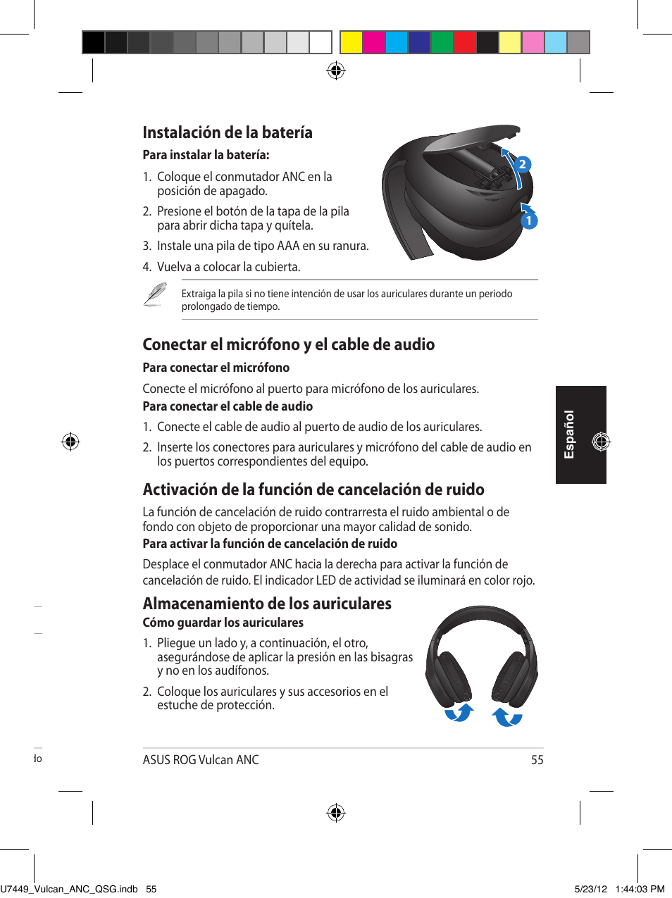 Instalación de la batería, Conectar el micrófono y el cable de audio, Activación de la función de cancelación de ruido | Almacenamiento de los auriculares, Colocación de los auriculares, Resumen de especificaciones, Es pa ño l | Asus Vulcan ANC User Manual | Page 55 / 64